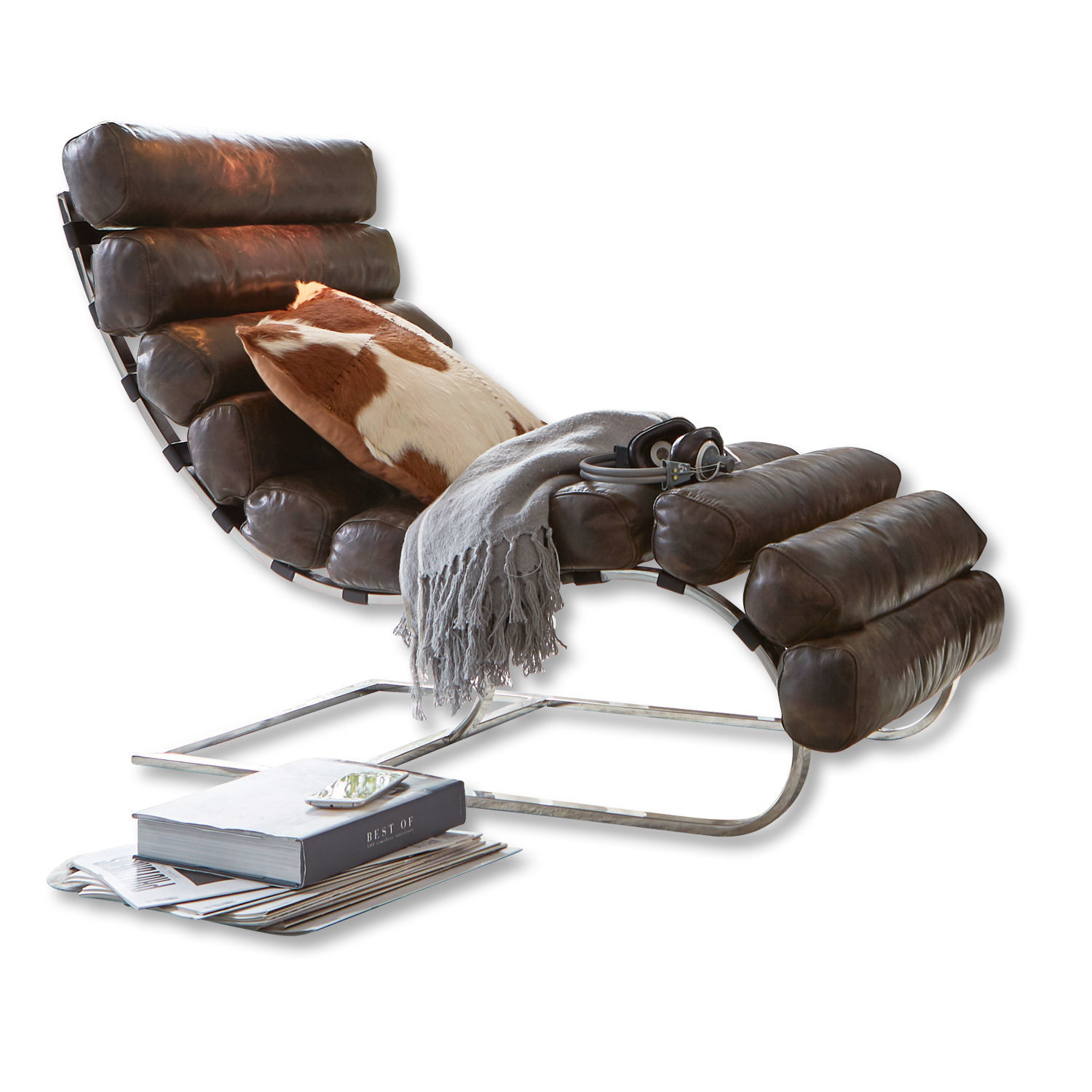 Lounger Davyss Moderne ligstoel van bruin leer met metalen frame, kussen en grijze deken voor ontspanning