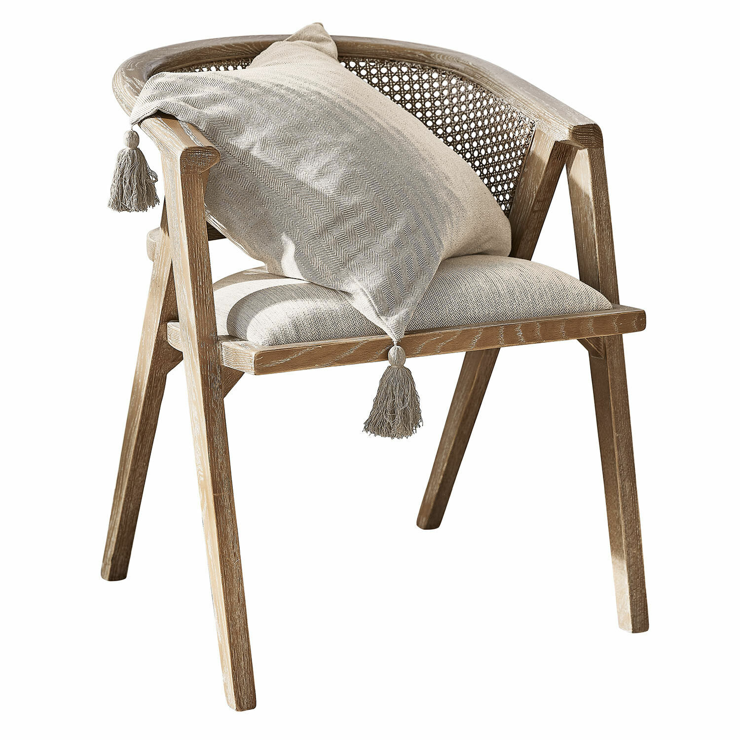 Stoel Collaroy Stoel van licht hout met gevlochten rugleuning en zitting, decoratief kussen met kwastjes