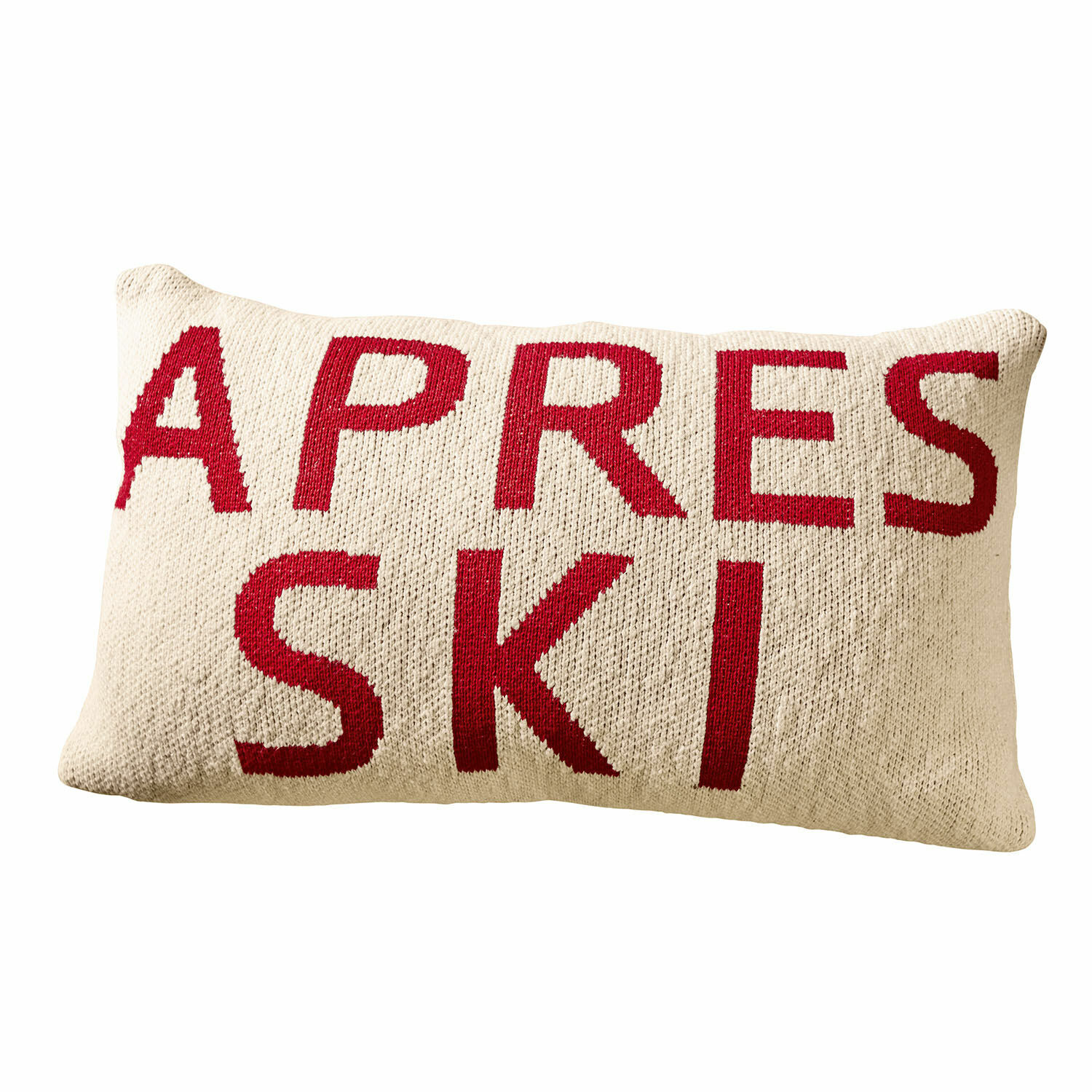 Kussenhoes Apres Ski Rechthoekig crème gebreid kussen met rode tekst Apres Ski voor woondecoratie