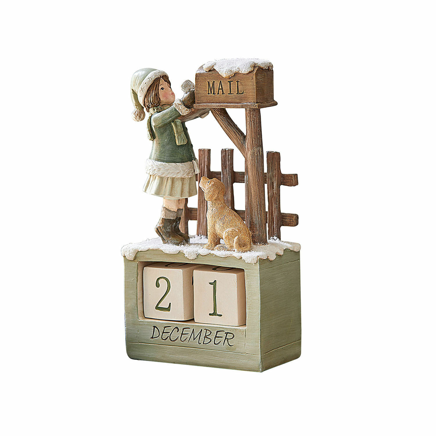 Kalender Leonce Houten adventskalender met meisje- en hondenfiguur bij een besneeuwde groene en beige brievenbus