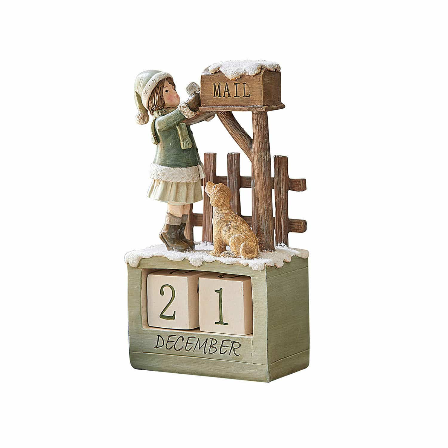 Kalender Leonce Houten adventskalender met meisje- en hondenfiguur bij een besneeuwde groene en beige brievenbus