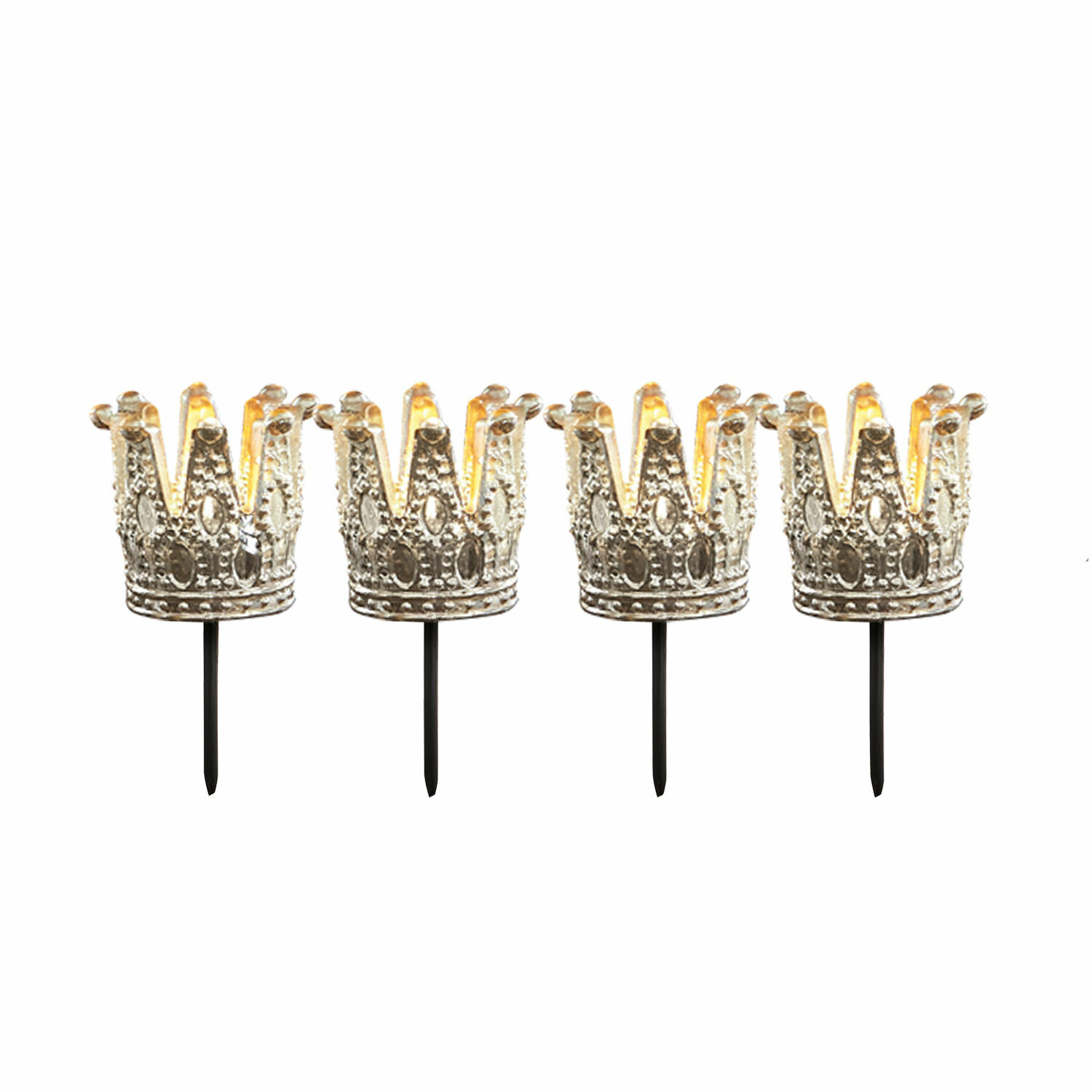 Insteekwindlicht set van 4 Melina Vier decoratieve metalen kronen op zwarte pinnen met zachte LED-verlichting
