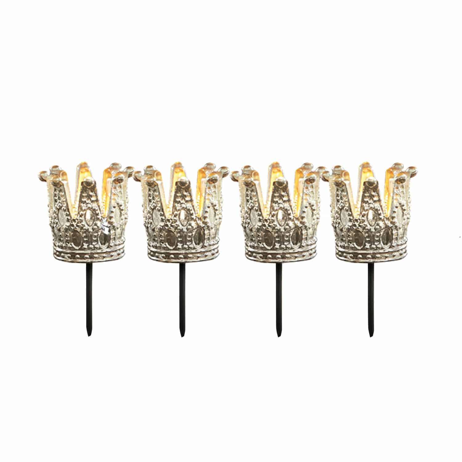 Insteekwindlicht set van 4 Melina Vier decoratieve metalen kronen op zwarte pinnen met zachte LED-verlichting