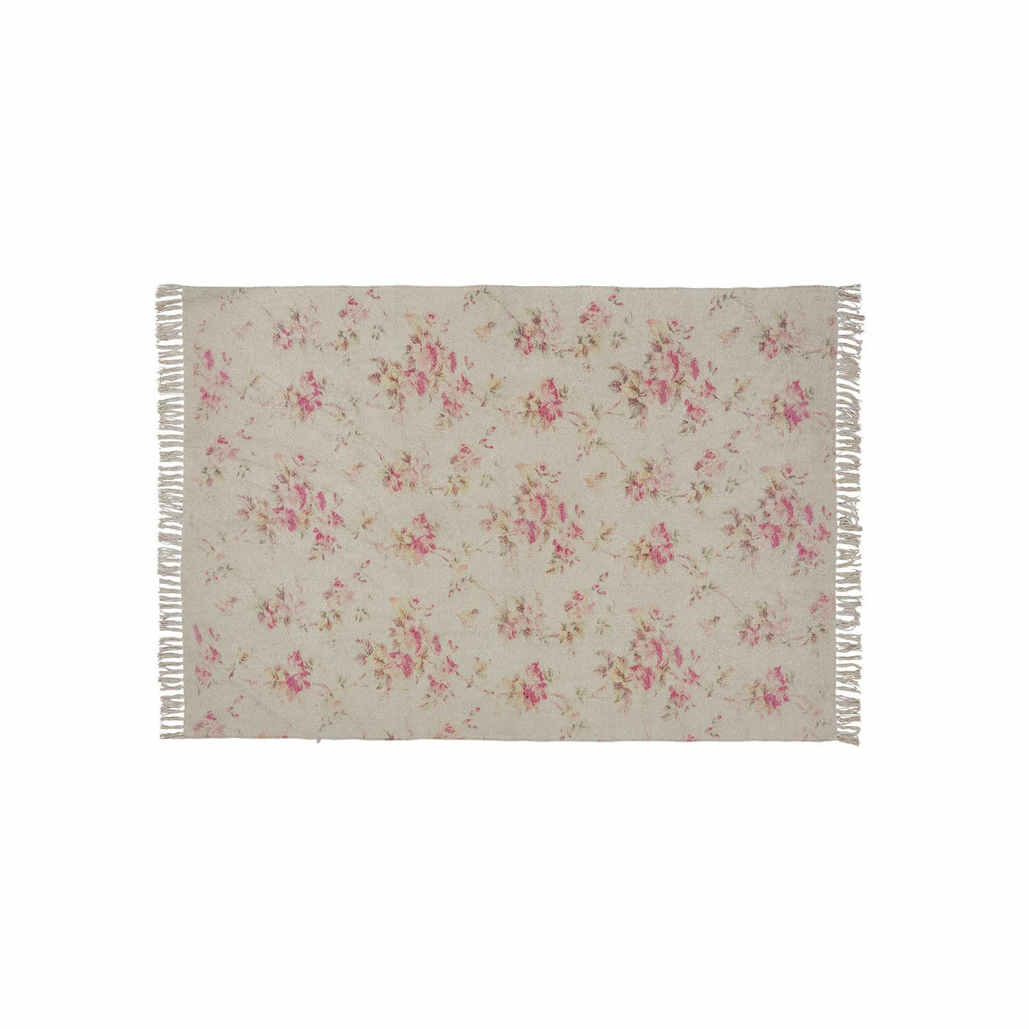 Vloerkleed Ingvi Beige vloerkleed met bloemenpatroon en franjes, zachte stof, vintage interieurdecoratie