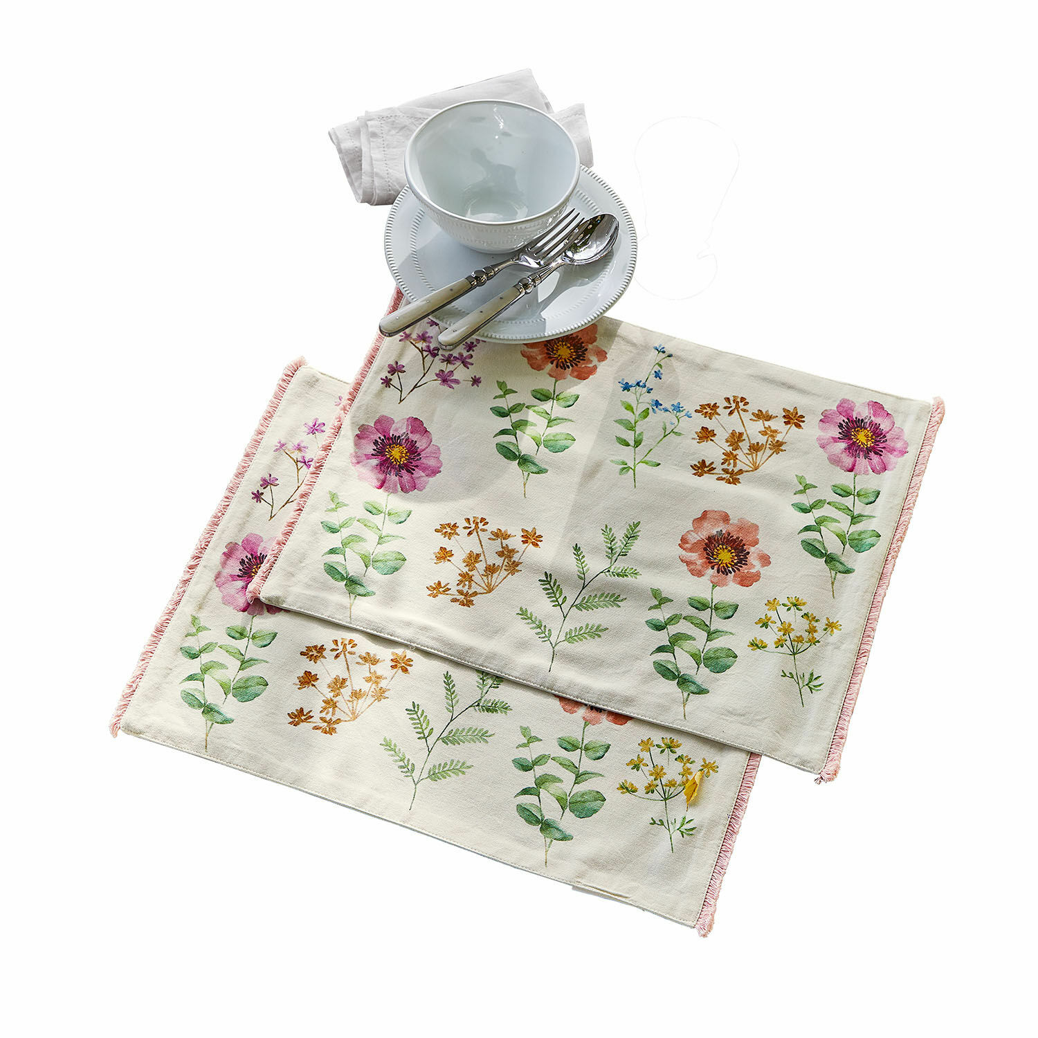 Set van twee katoenen placemats met bloemenpatroon in pastelkleuren voor op tafel
