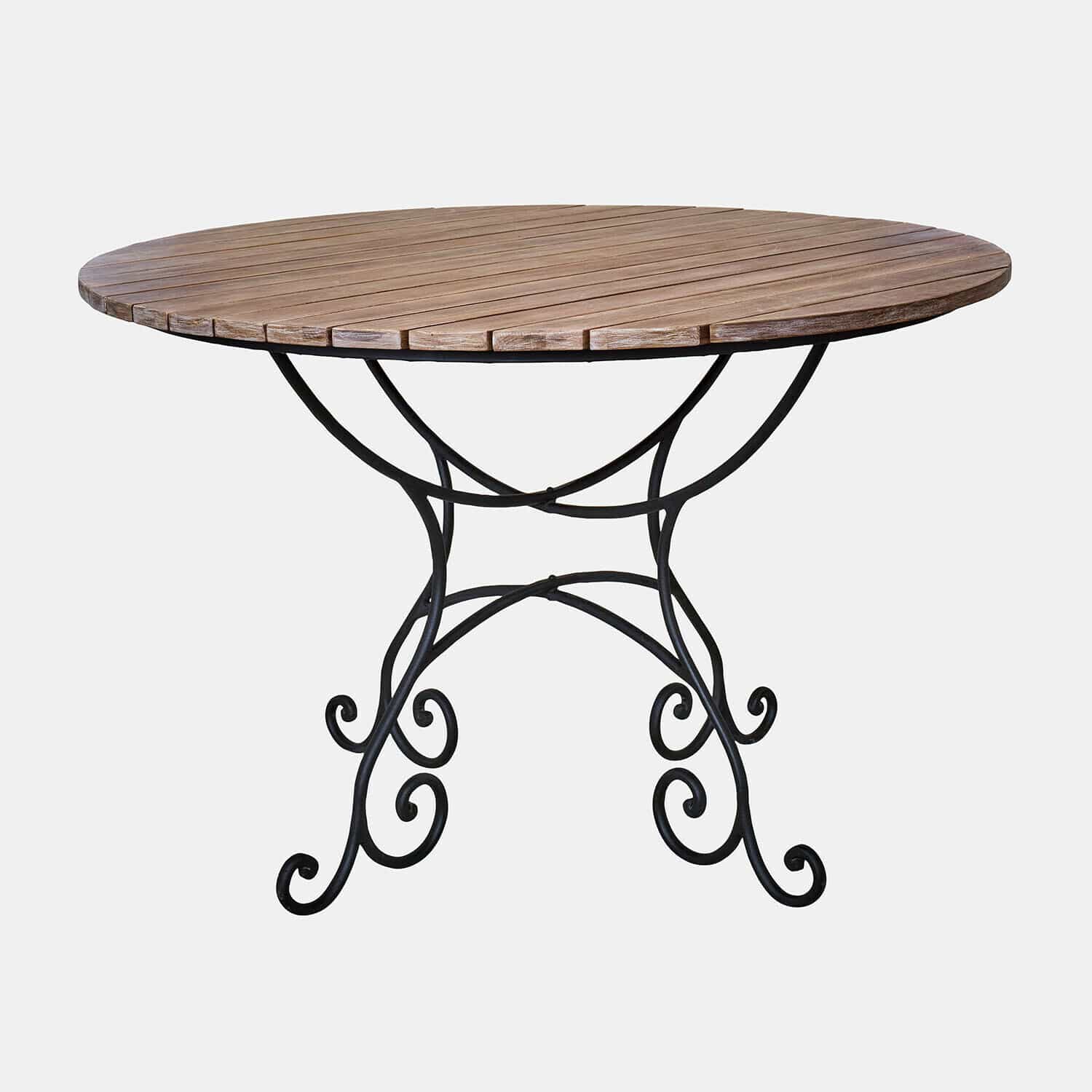 Tafel Arémont Ronde tafel met houten blad en zwarte metalen poten met sierlijke krullen, tuinmeubel