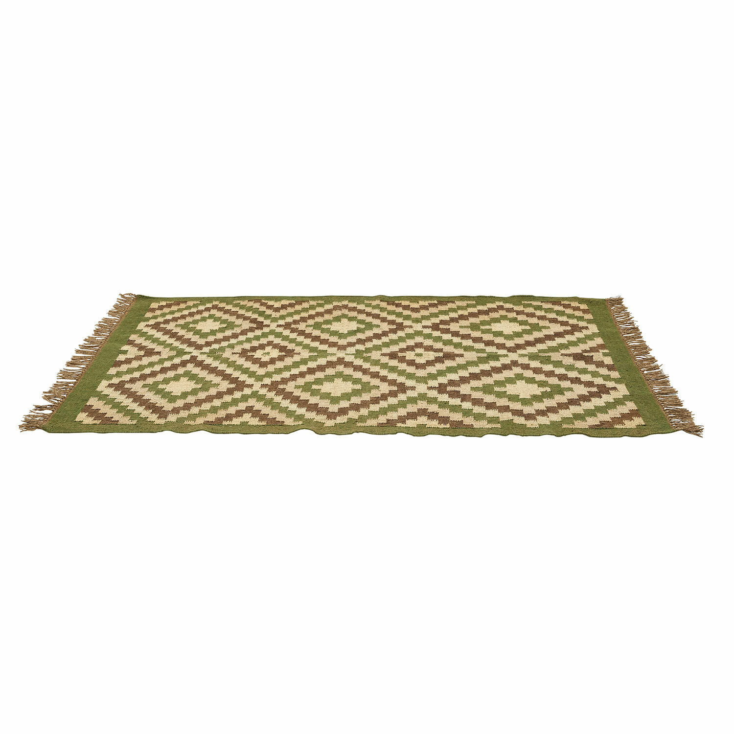 Vloerkleed Dailies Geweven vloerkleed met geometrisch patroon in groen- en bruintinten met franjes aan de zijkanten.