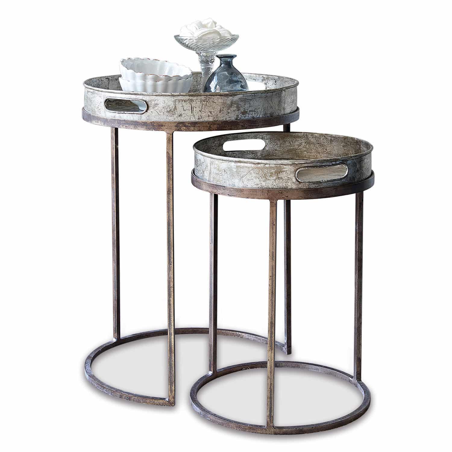 Bijzettafeltje set van 2 Saint Mark Set van twee ronde bijzettafels van metaal in zilverbruine kleur voor woonkamer
