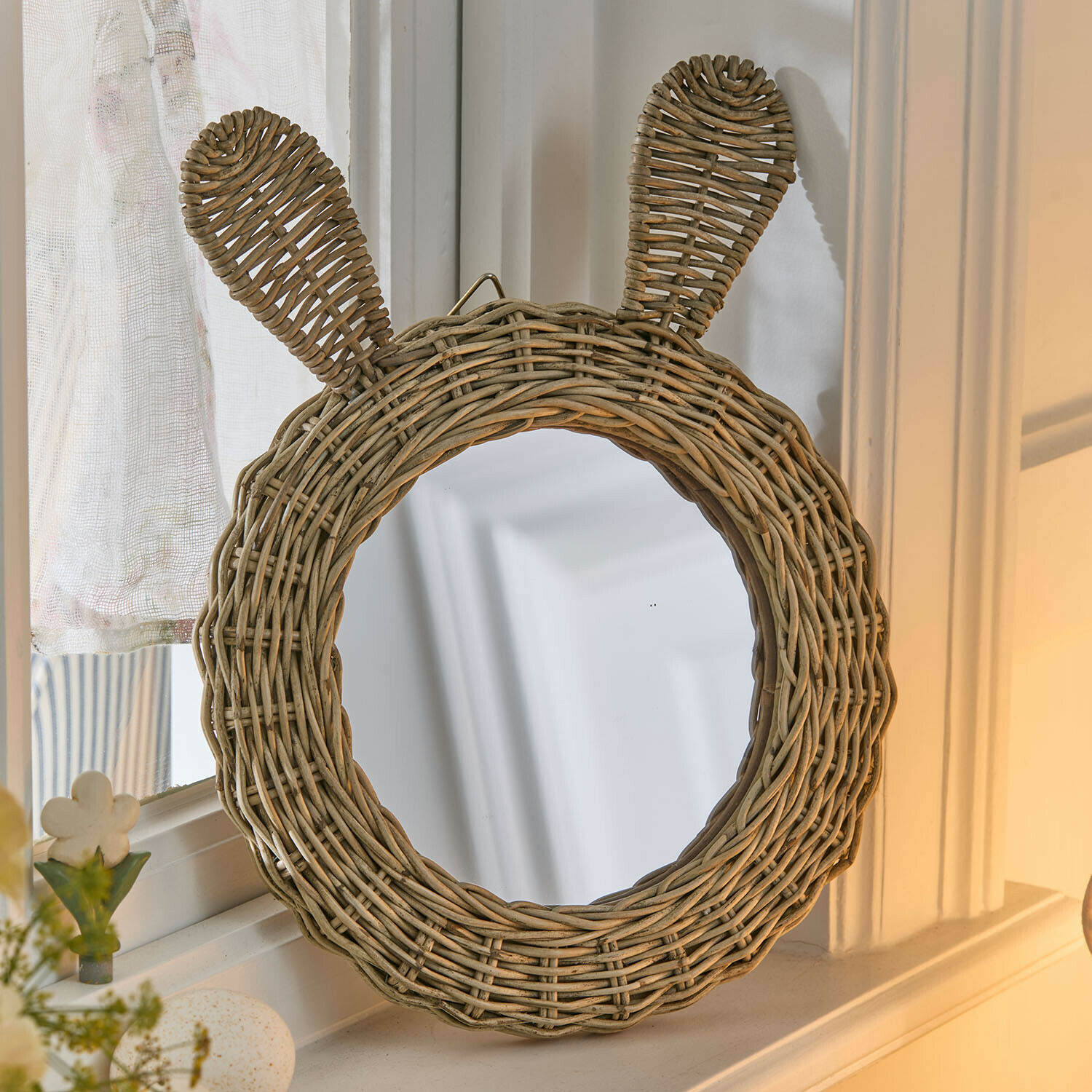 Ronde spiegel van natuurlijk riet met oren, wanddecoratie voor kinderkamer