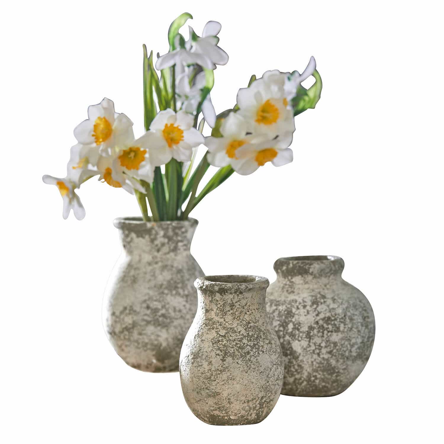 Vaas set van 3 Cerquix Set van drie grijze keramische vazen met witte bloemen voor interieurdecoratie