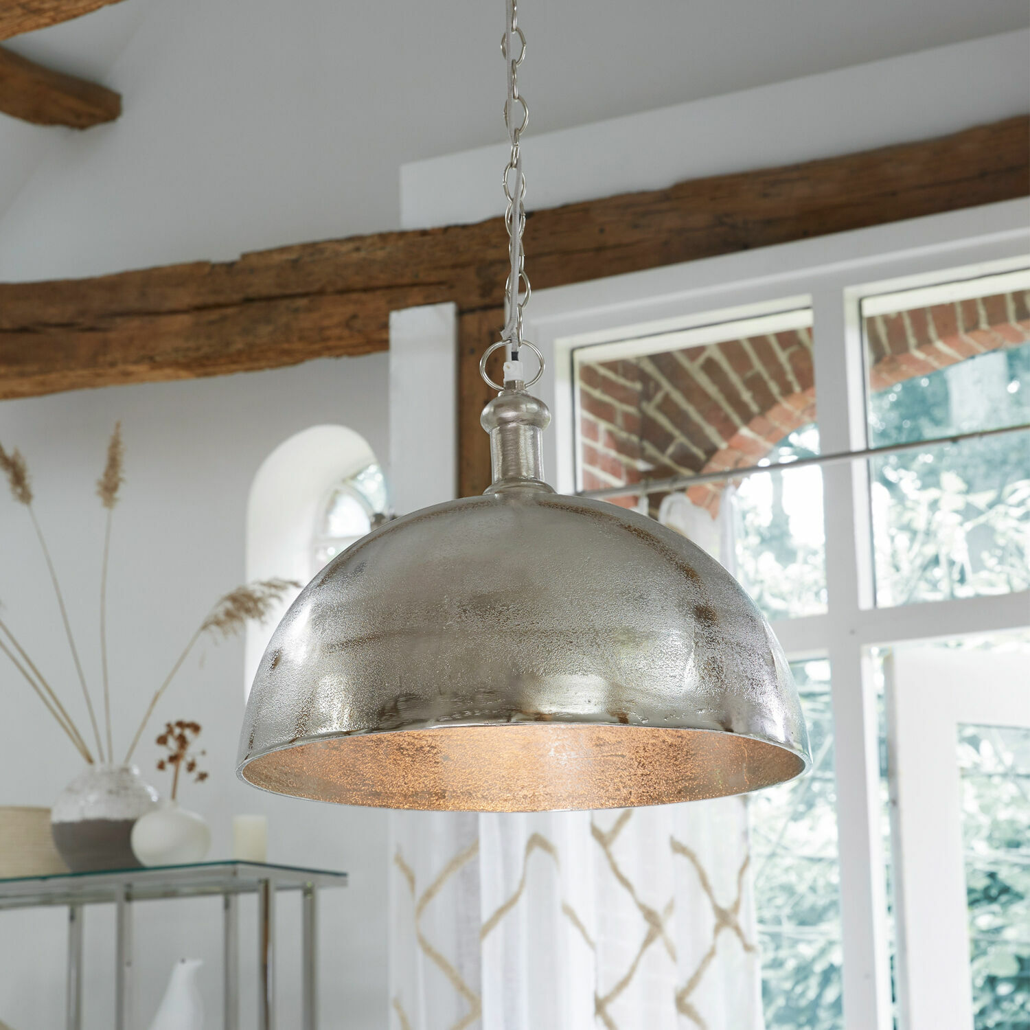 Hanglamp Kandi Hanglamp van zilverkleurig metaal met ketting, moderne woonkamerverlichting