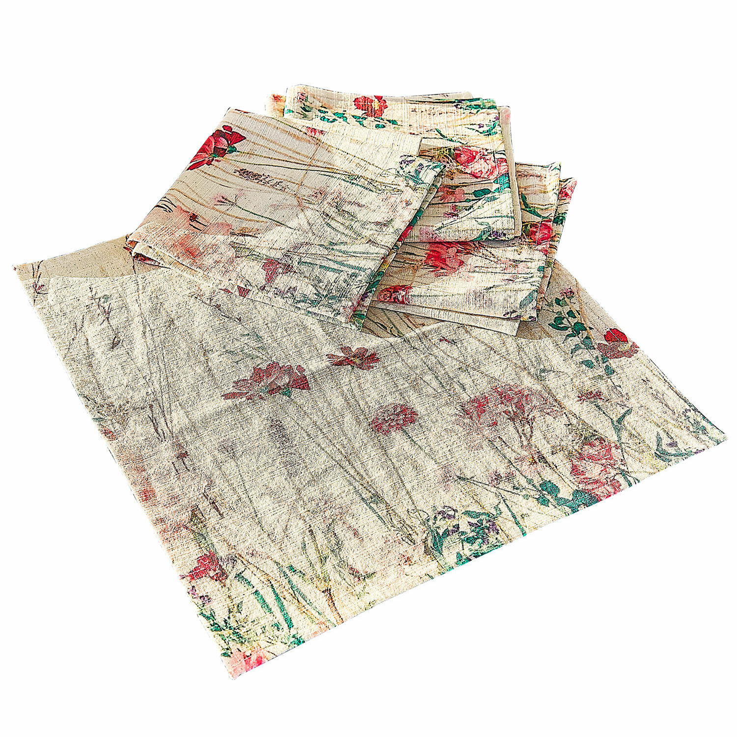 Servet set van 4 Briovene Linnen servetten in crèmekleur met bloemenprint, decoratieve huistextiel