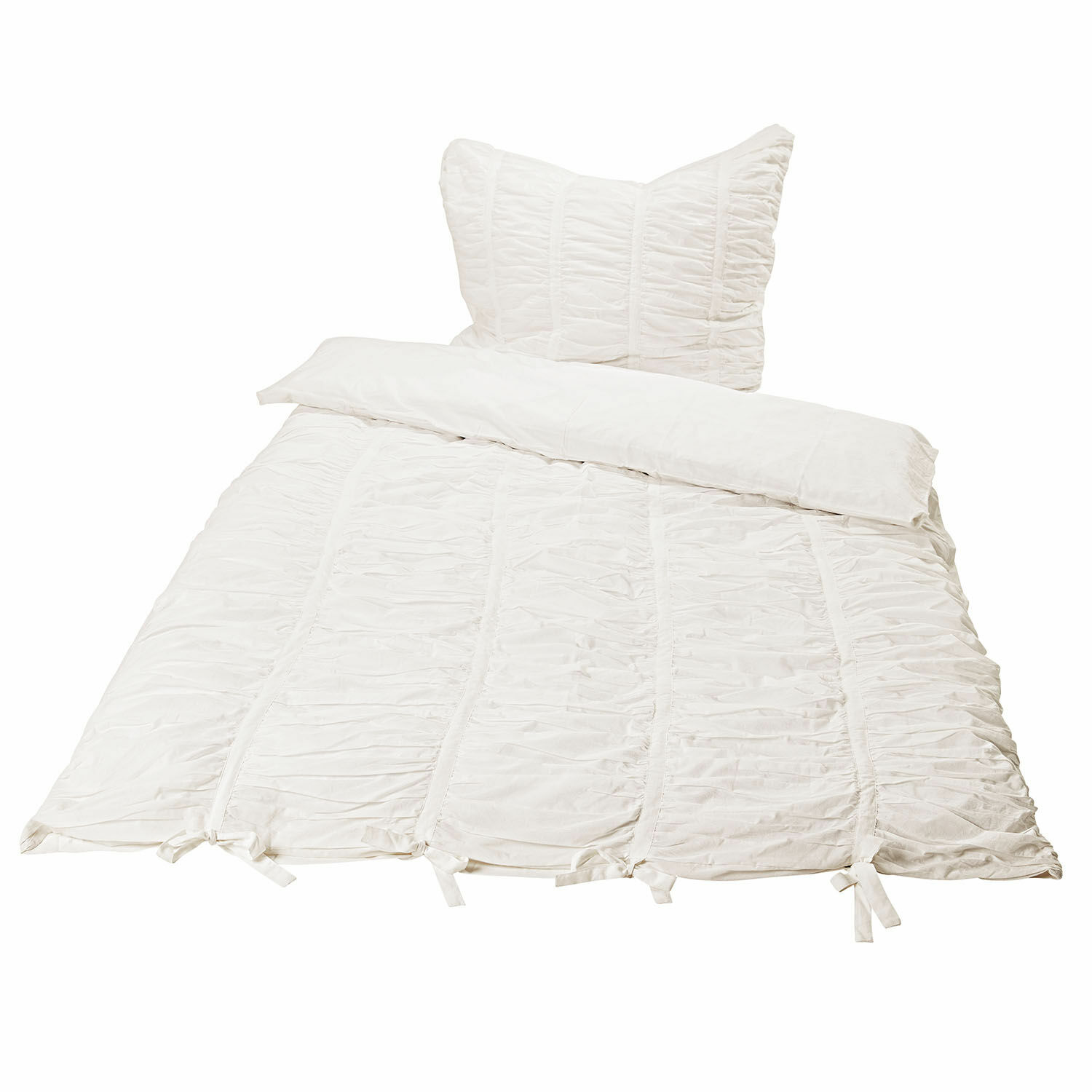 Beddengoed Magdelen Witte katoenen beddengoed met plooien en strikjes, zacht en decoratief voor slaapkamer