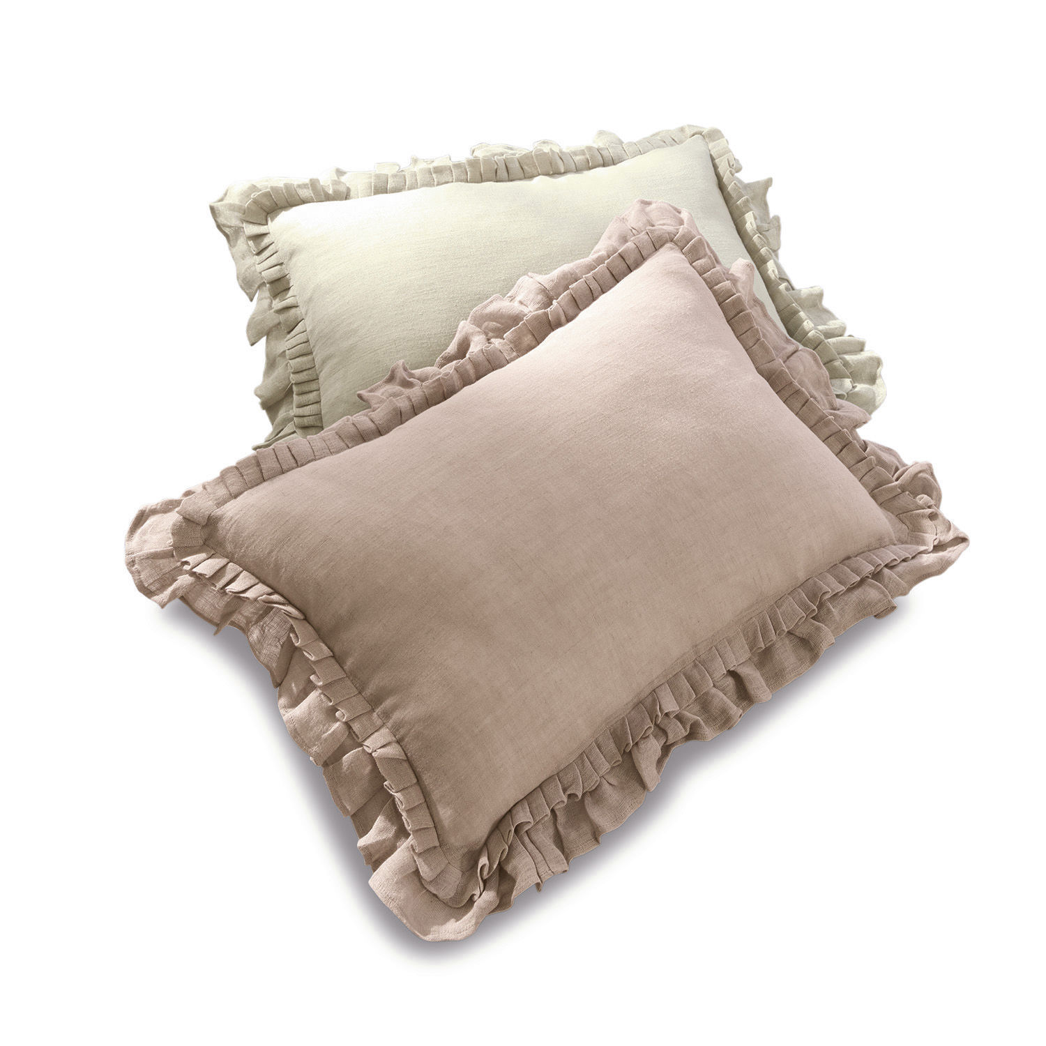 Set van 2 Maelys linnen kussens in oudroze en beige met ruches, decoratieve kussens voor de woonkamer