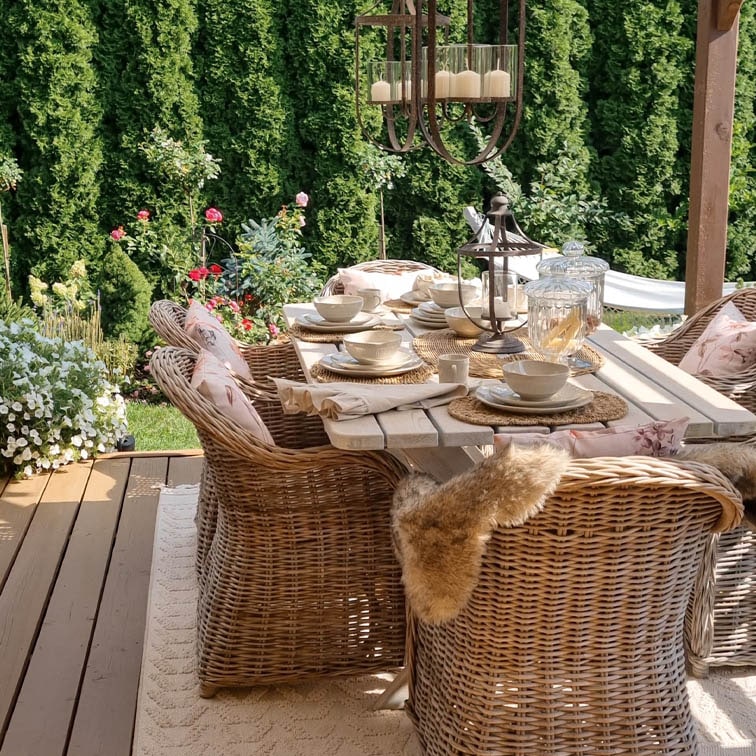 Tuinmeubelset van natuurlijk riet met witte tafel en decoraties op zonnig terras
