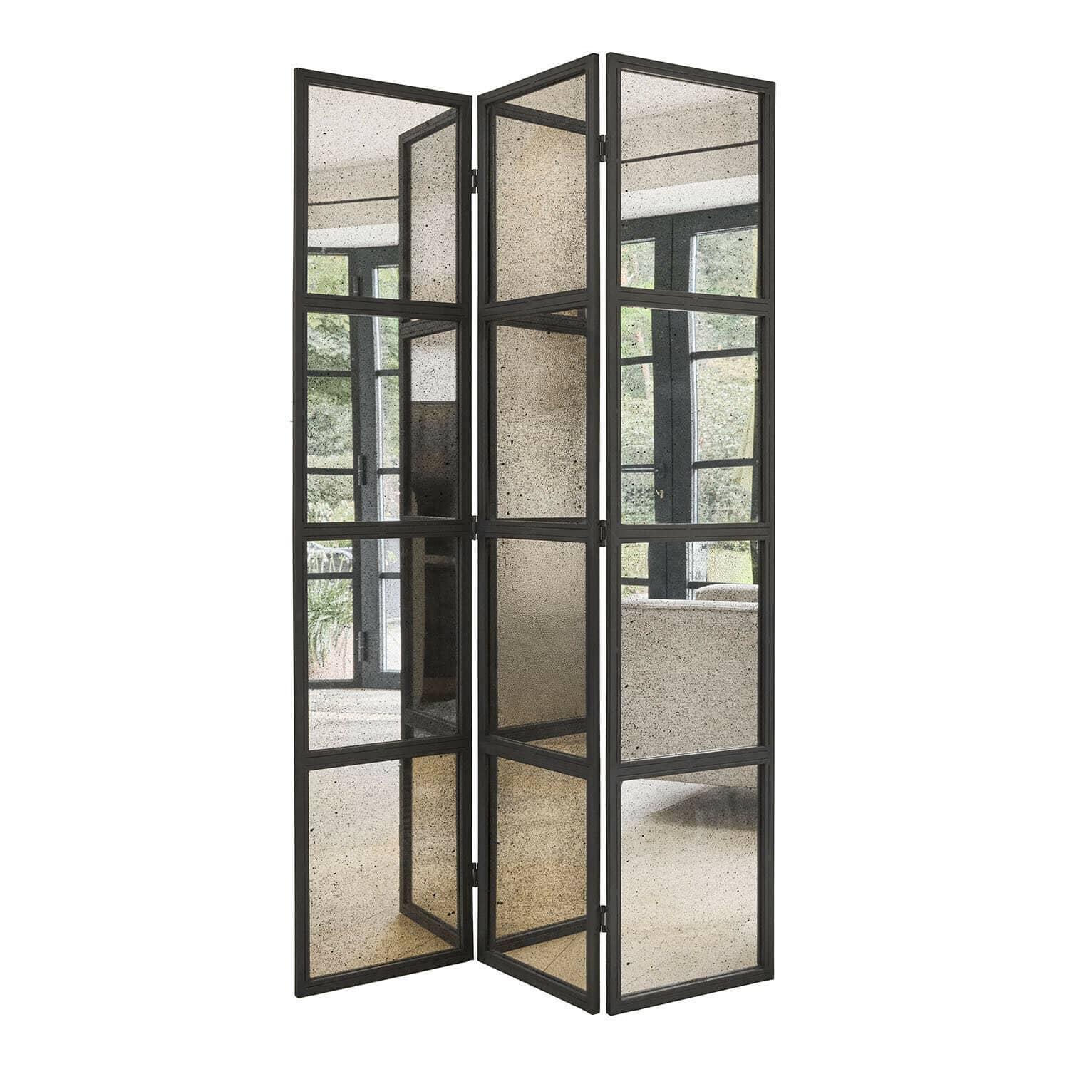 Driedelig kamerscherm met zwarte metalen lijst en verouderde spiegel voor interieurdecoratie