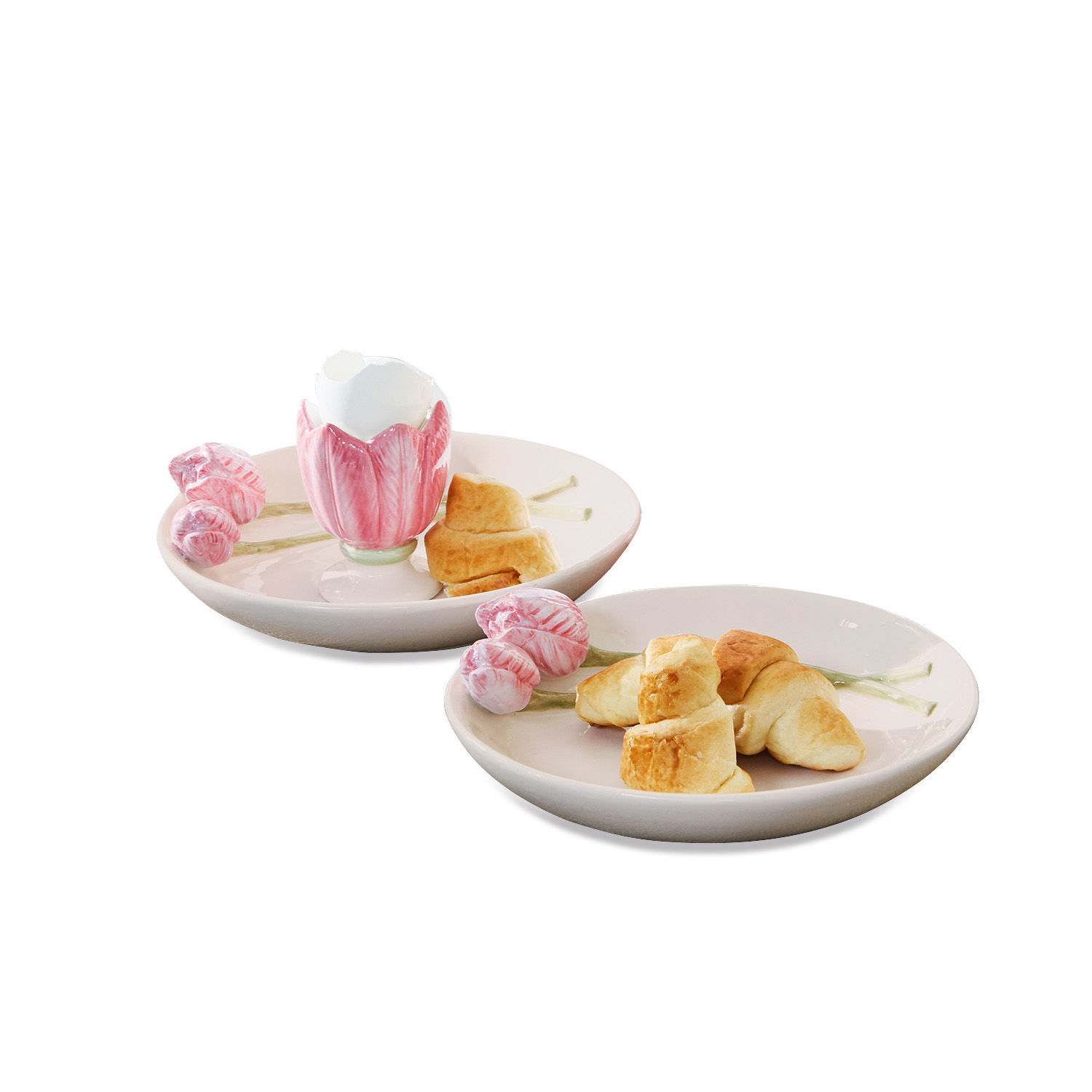 Bord set van 2 Arnemetia Keramische borden met roze bloemen en croissants, decoratief servies voor snacks