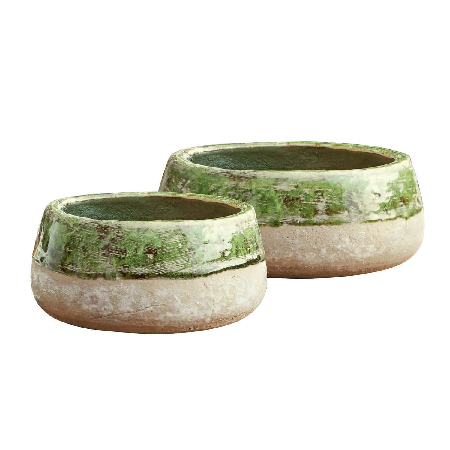 Schaal set van 2 Reefton Set van twee keramische bloempotten in groen-beige voor tuin- en woondecoratie