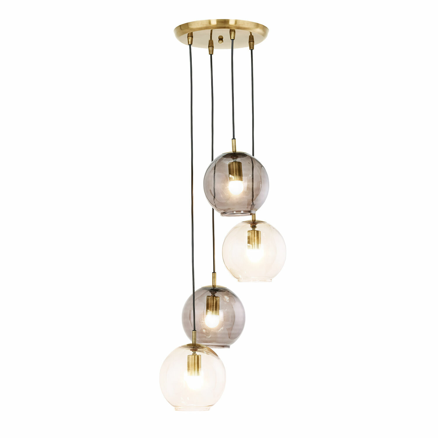 Hanglamp Brontille Moderne hanglamp met vier glazen bollen in rookgrijs en transparant, stijlvolle verlichting voor interieur