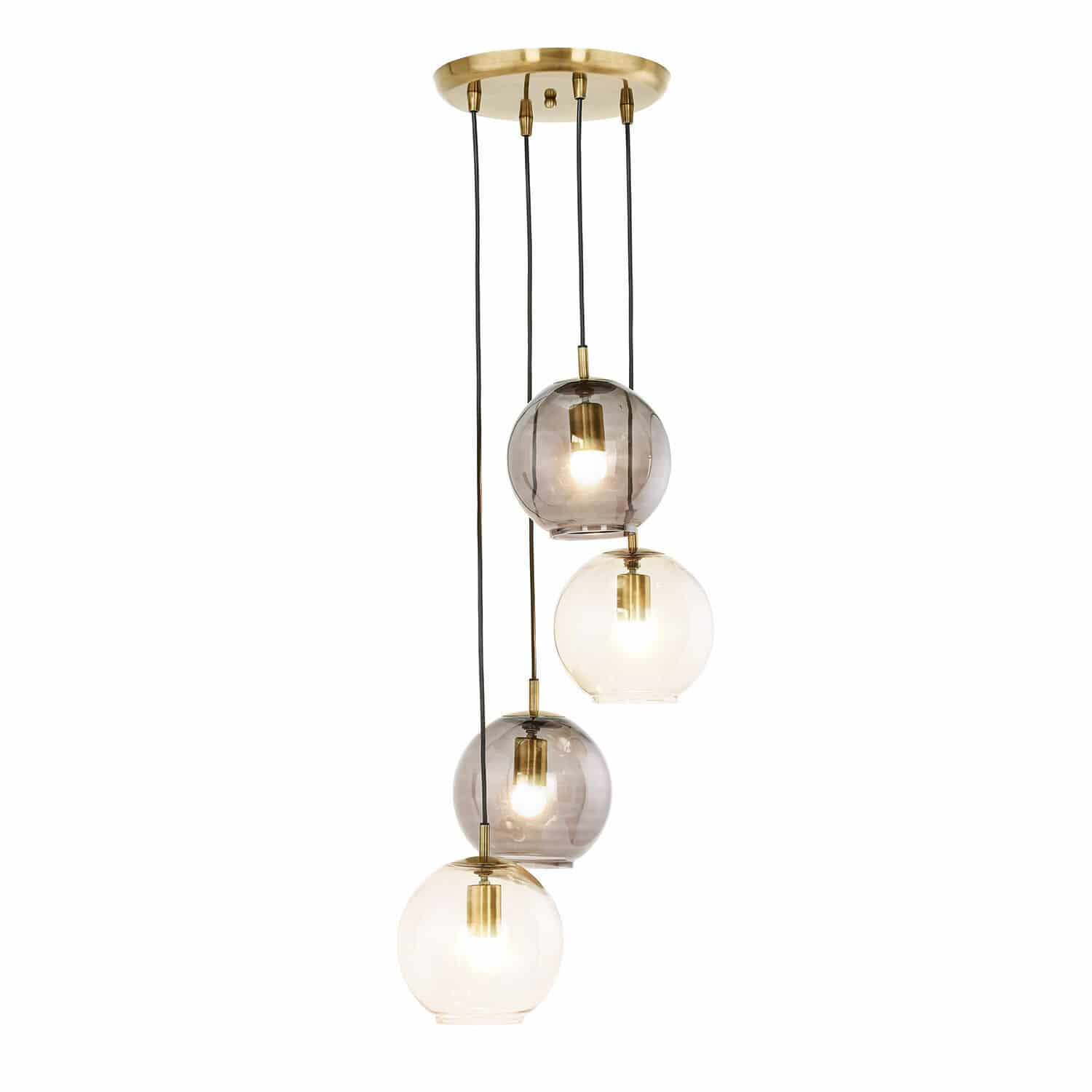 Hanglamp Brontille Moderne hanglamp met vier glazen bollen in rookgrijs en transparant, stijlvolle verlichting voor interieur