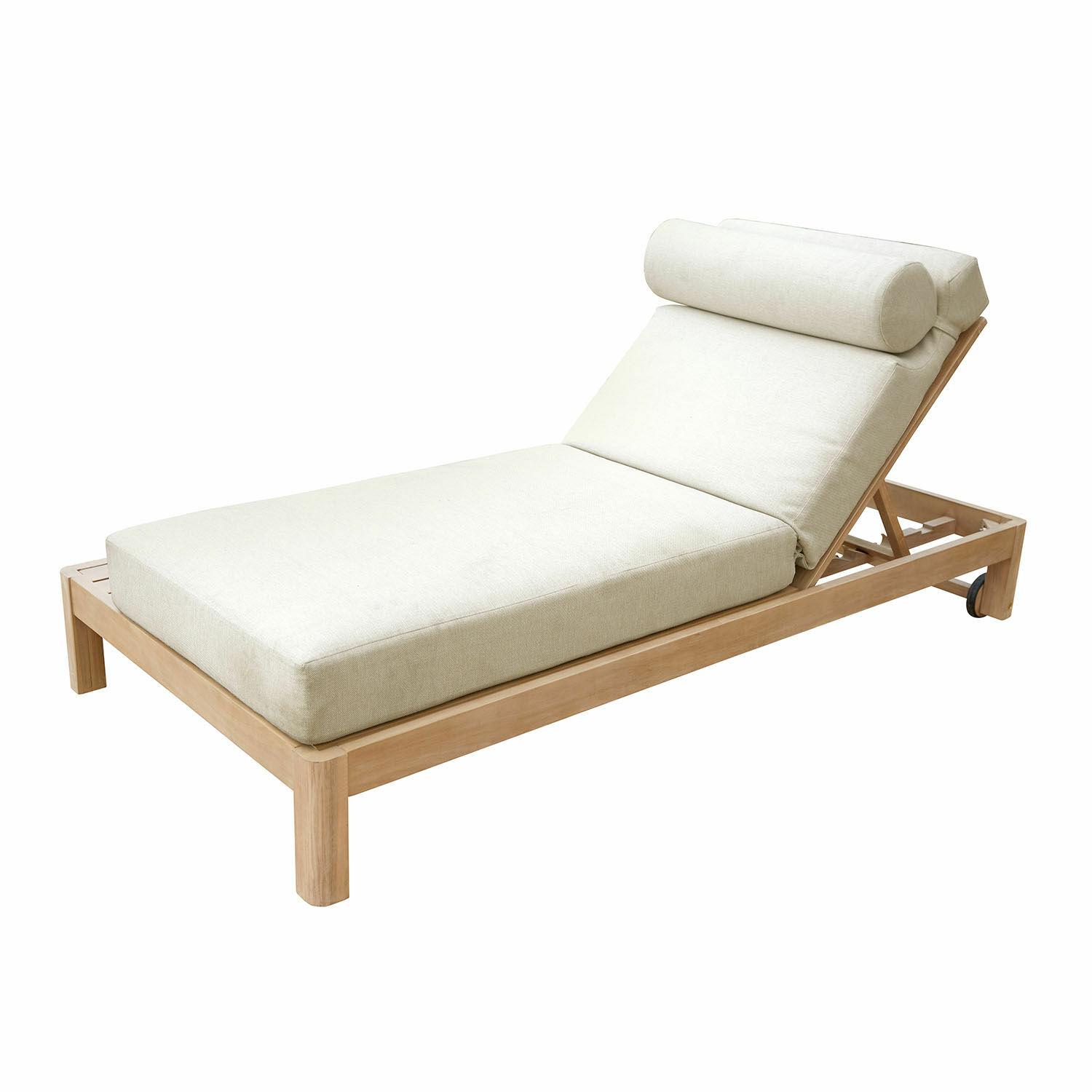 Ligbed FSC®-100% Lemorette Ligstoel met lichtbeige kussen en houten frame, comfortabele tuinmeubel voor buitenontspanning