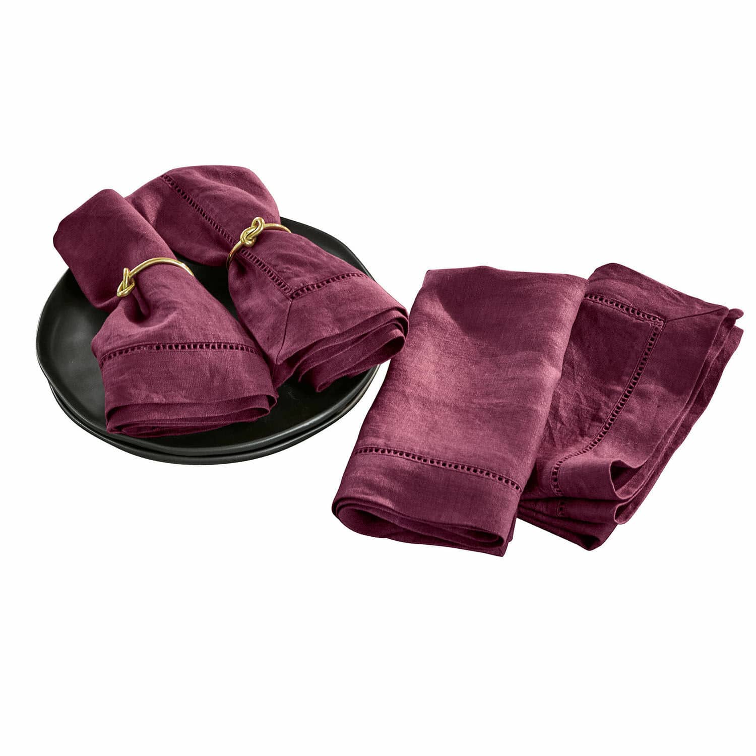 Servet set van 4 Covent Garden Set bordeaux linnen servetten met decoratieve stiksels en gouden servetringen