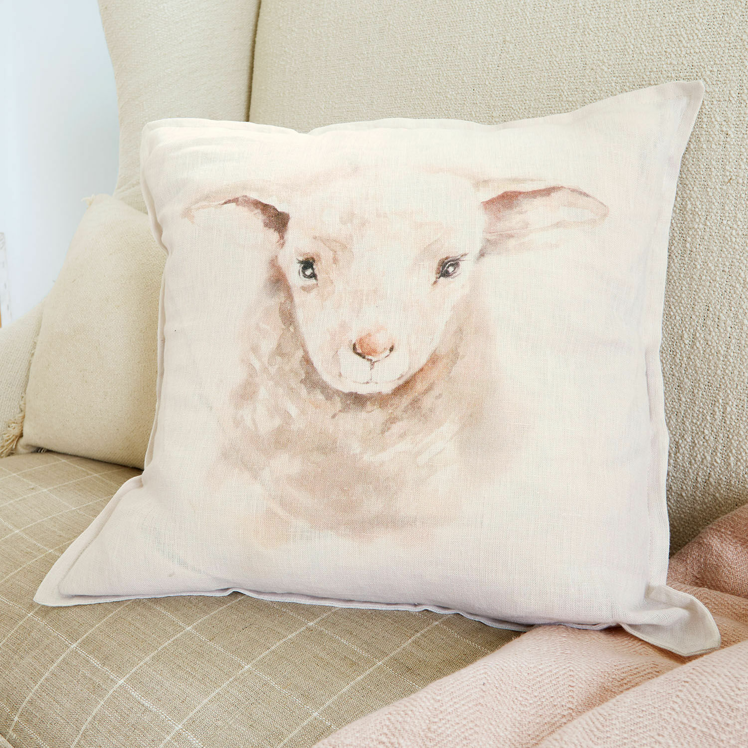 Kussenhoes Xénandrine Beige linnen kussen met lam gezicht print, zachte natuurlijke woondecoratie