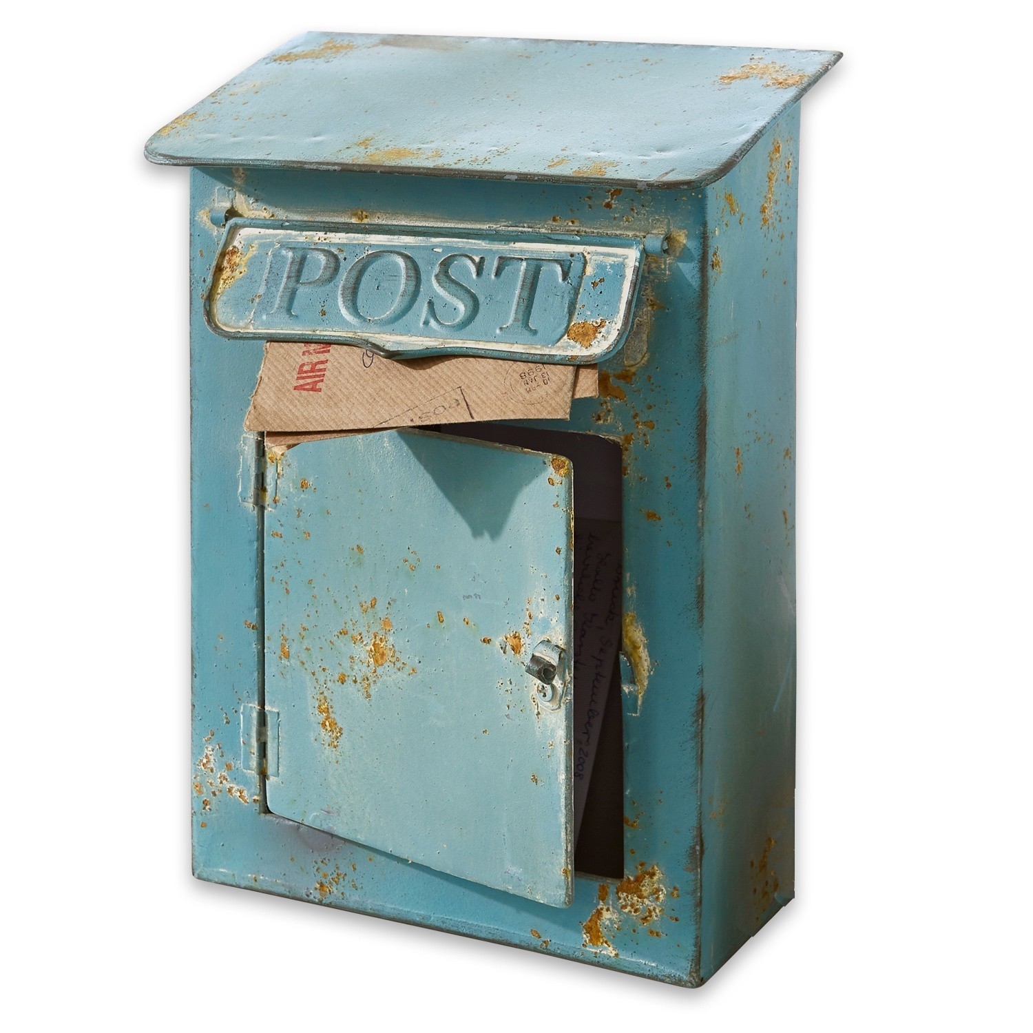 Decoratieve brievenbus Boîte Postale Blauwe metalen brievenbus met zichtbare roest en open deur met post erin