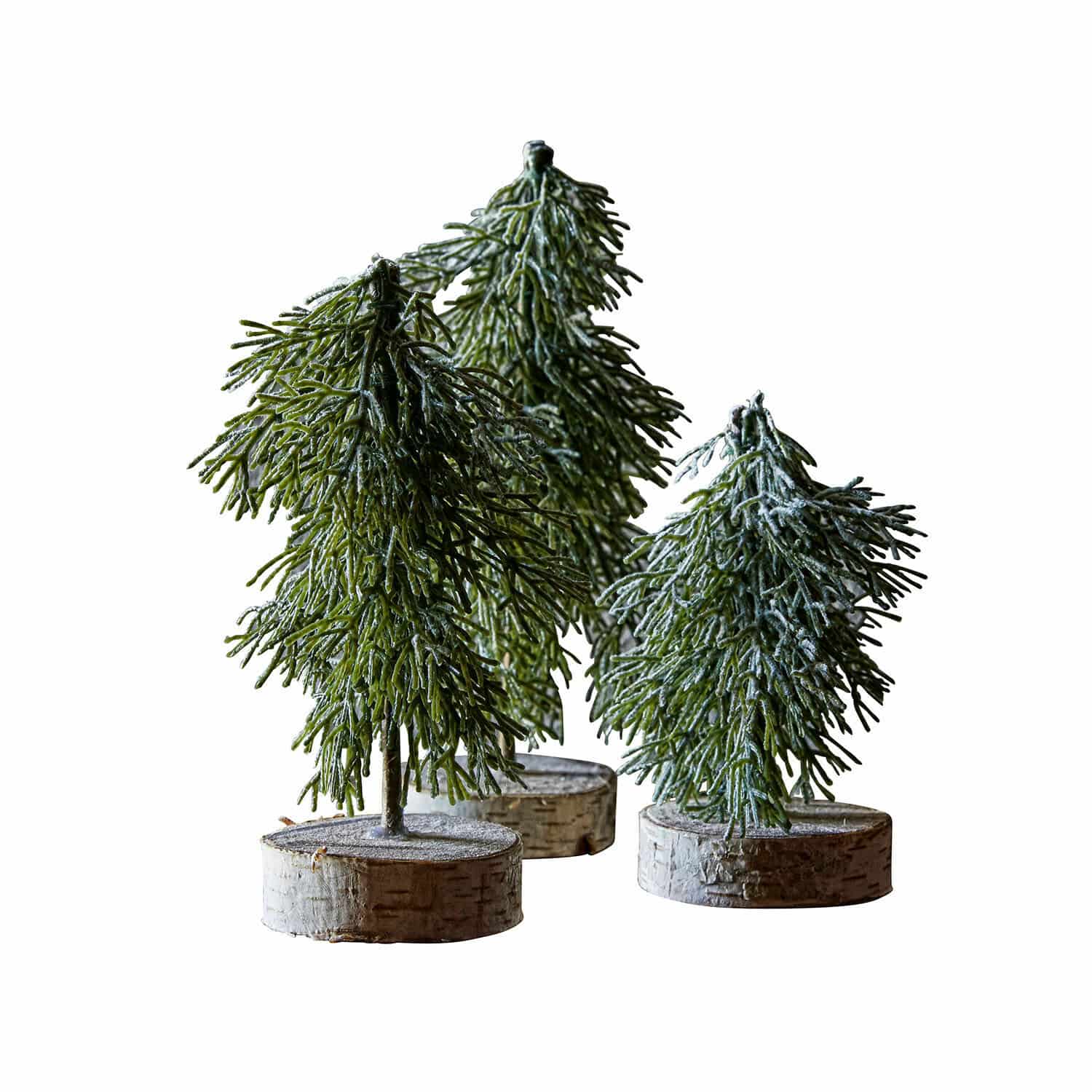 Boompje set van 3 Lonzac Drie groene decoratieve kerstboompjes op berkenhouten voet, natuurlijke kerstversiering