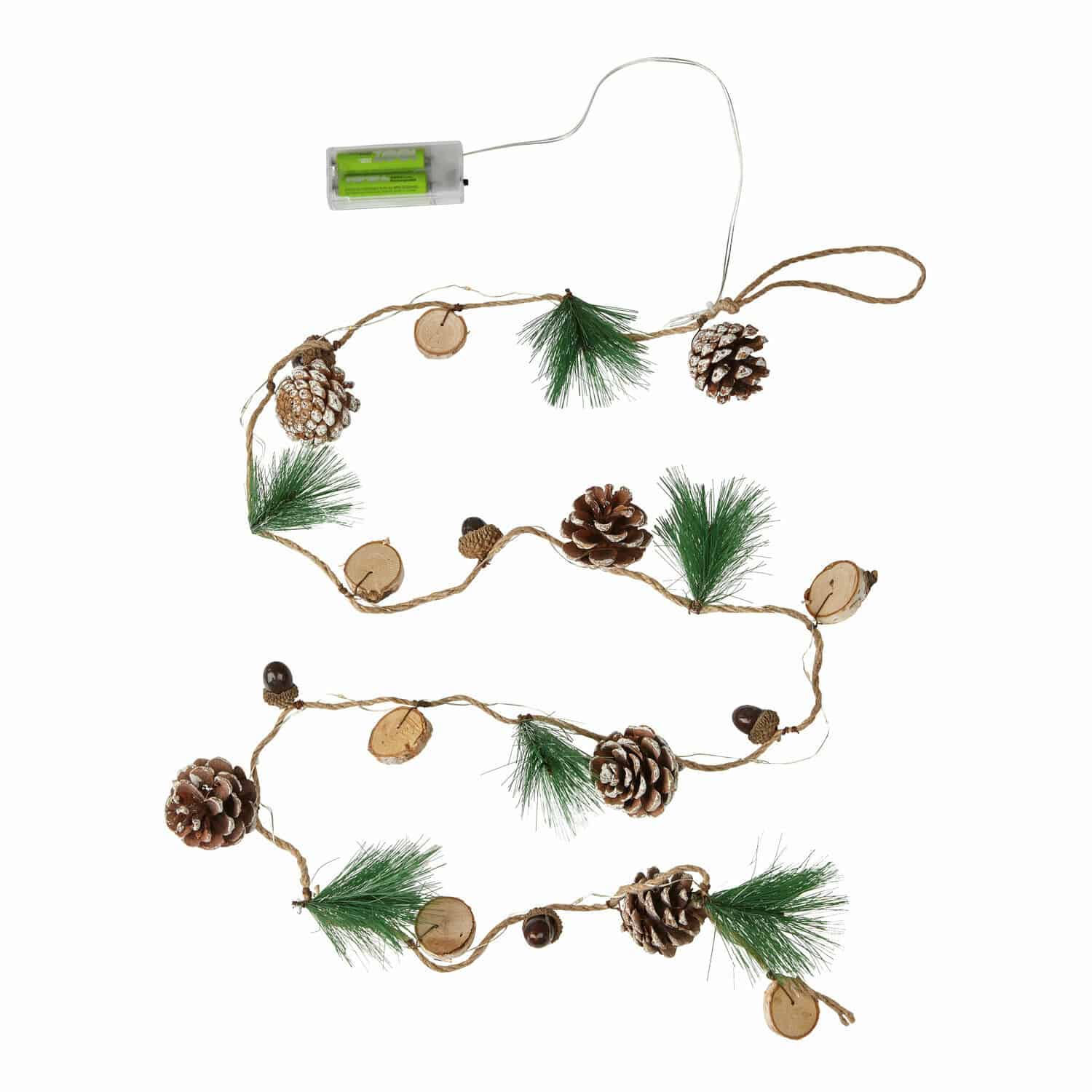 Lichtsnoer Clay Kerstguirlande met dennenappels, groene takken en houten schijfjes aan touw, op batterijen