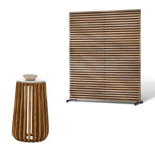Houten kamerscherm en bijzettafel met wit blad, natuurlijk hout, modern design voor woonkamer