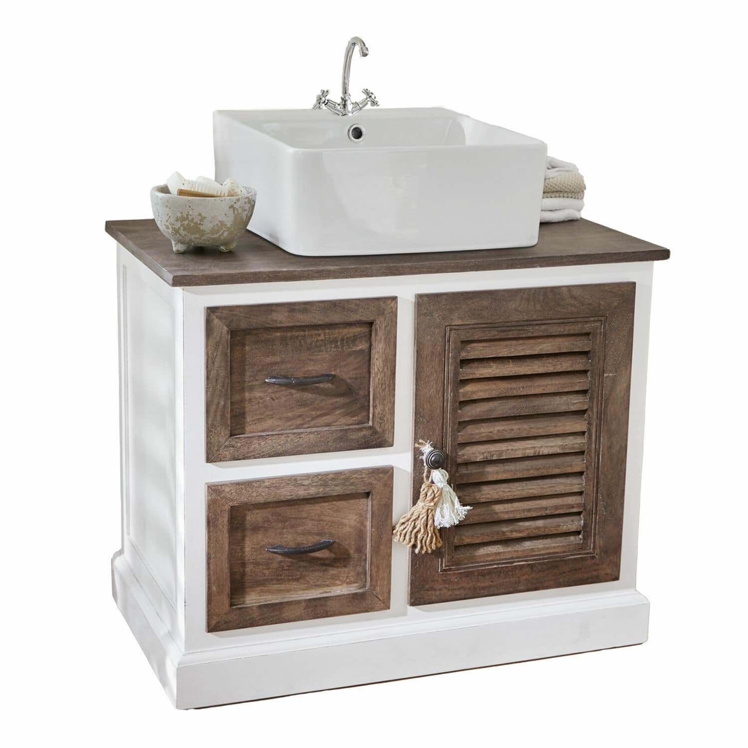 Wastafelmeubel Farmington Witte badkamerkast met houten blad en keramische wastafel, rustieke stijl