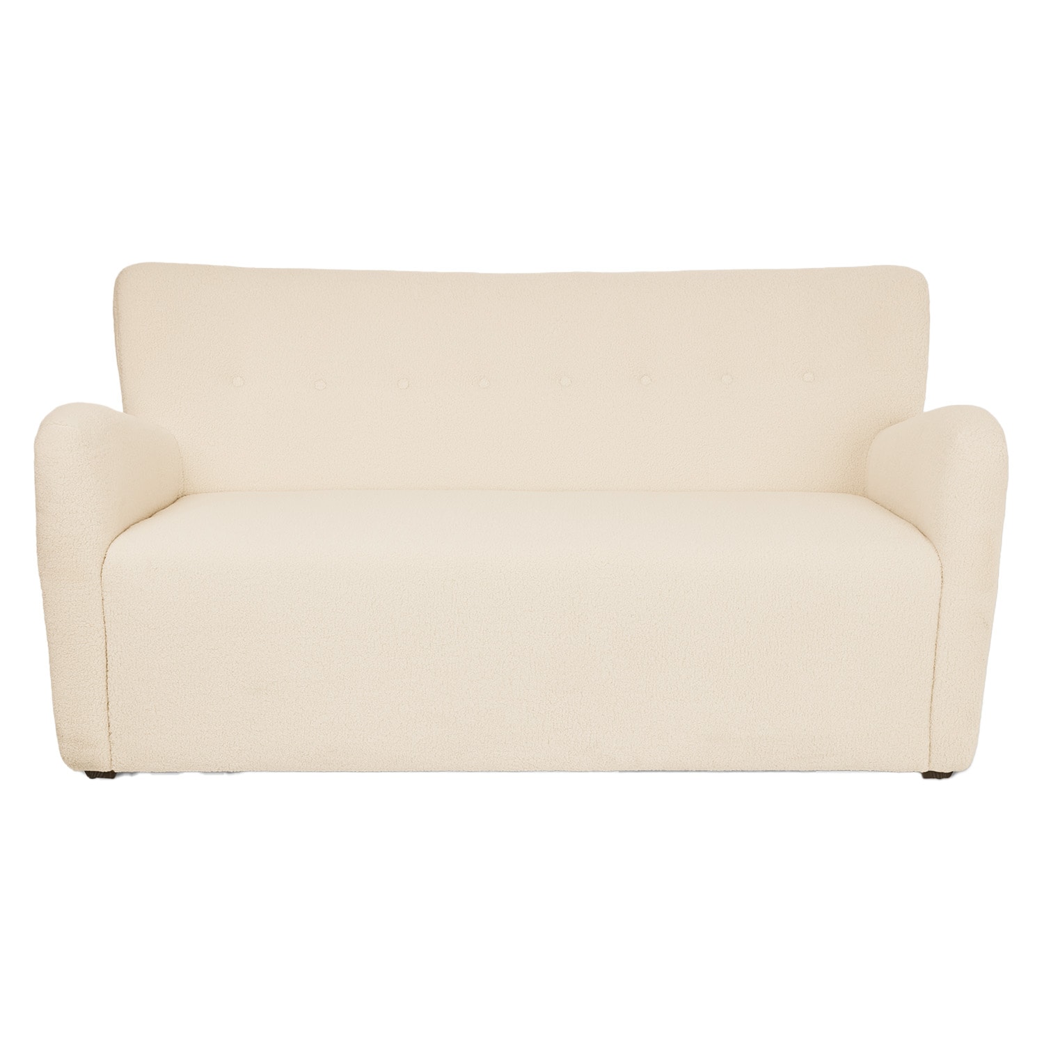 Beige bank van zachte boucle stof, comfortabele woonkamerbank met modern design