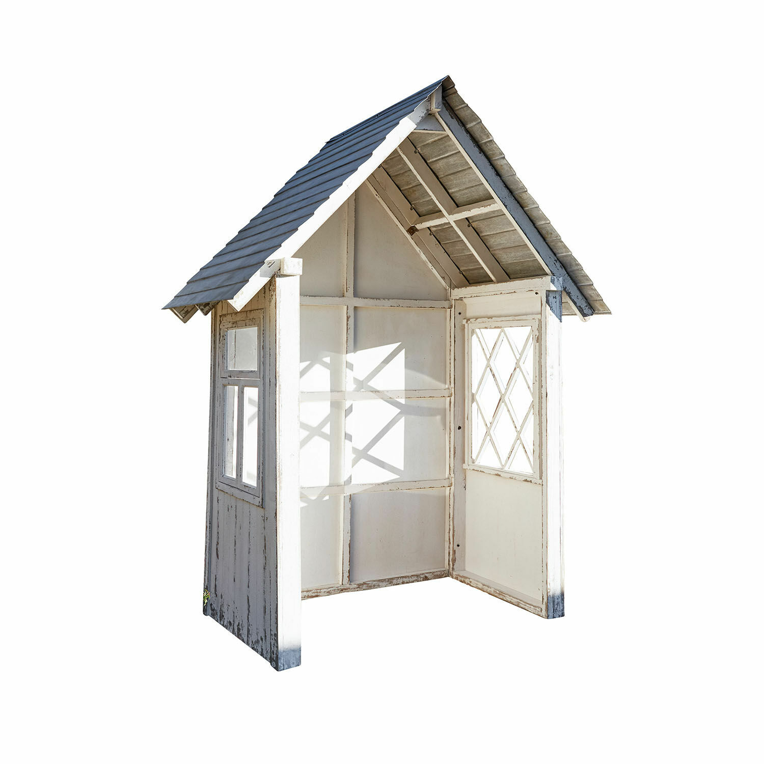 Tuinhuis Sumter Witte houten prieel met ramen en grijs dak, rustieke tuinconstructie