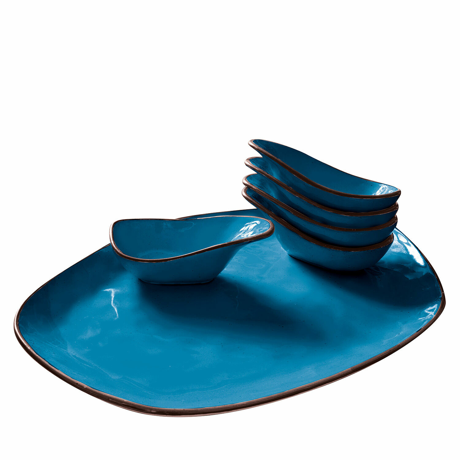 blauw Set van 6 blauwe keramische schaaltjes met groot serveerbord met bruine rand