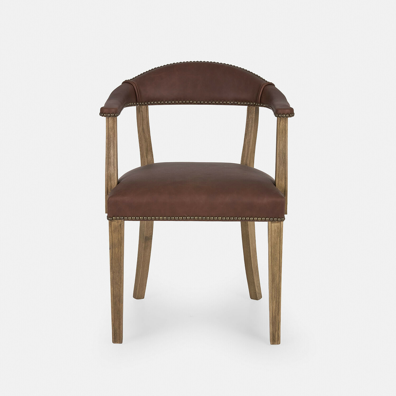 Stoel Heaton Stoel van bruin leer en eikenhout met decoratieve spijkers, vintage stijl voor woonkamer