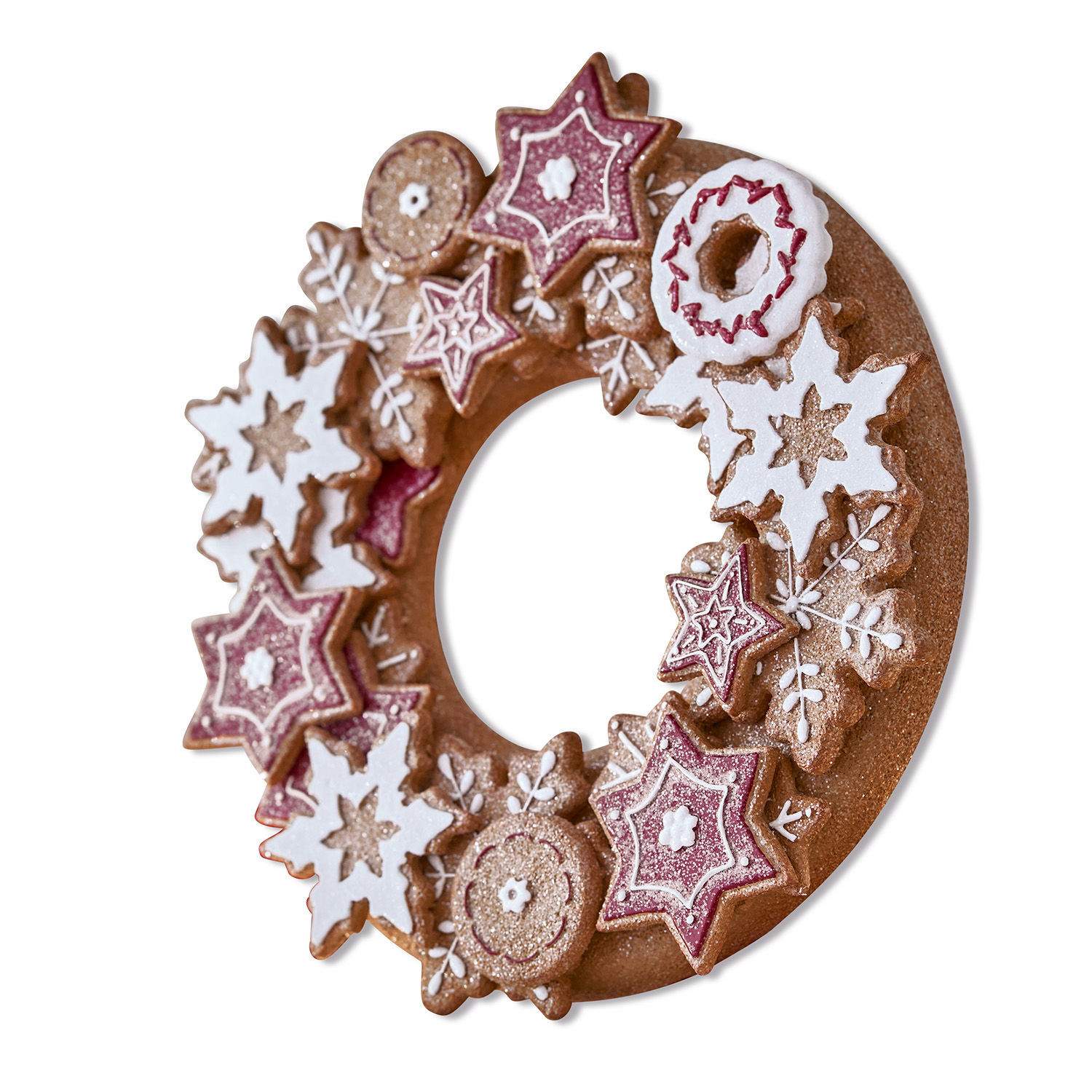Krans Anyama Decoratieve peperkoekkrans met ster- en sneeuwvlokvormen, witte en rode glazuur