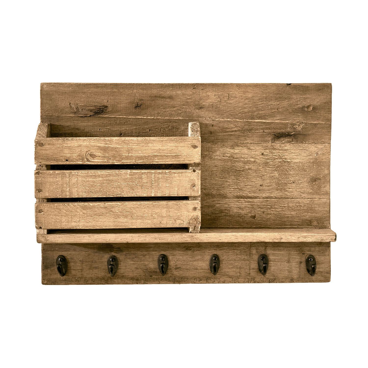 Houten wandrek in natuurlijke houtkleur met haken en opbergdoos voor kleine spullen