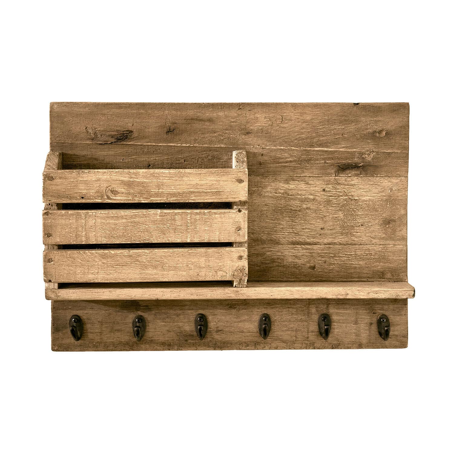 Organizer Turell Houten wandrek in natuurlijke houtkleur met haken en opbergdoos voor kleine spullen