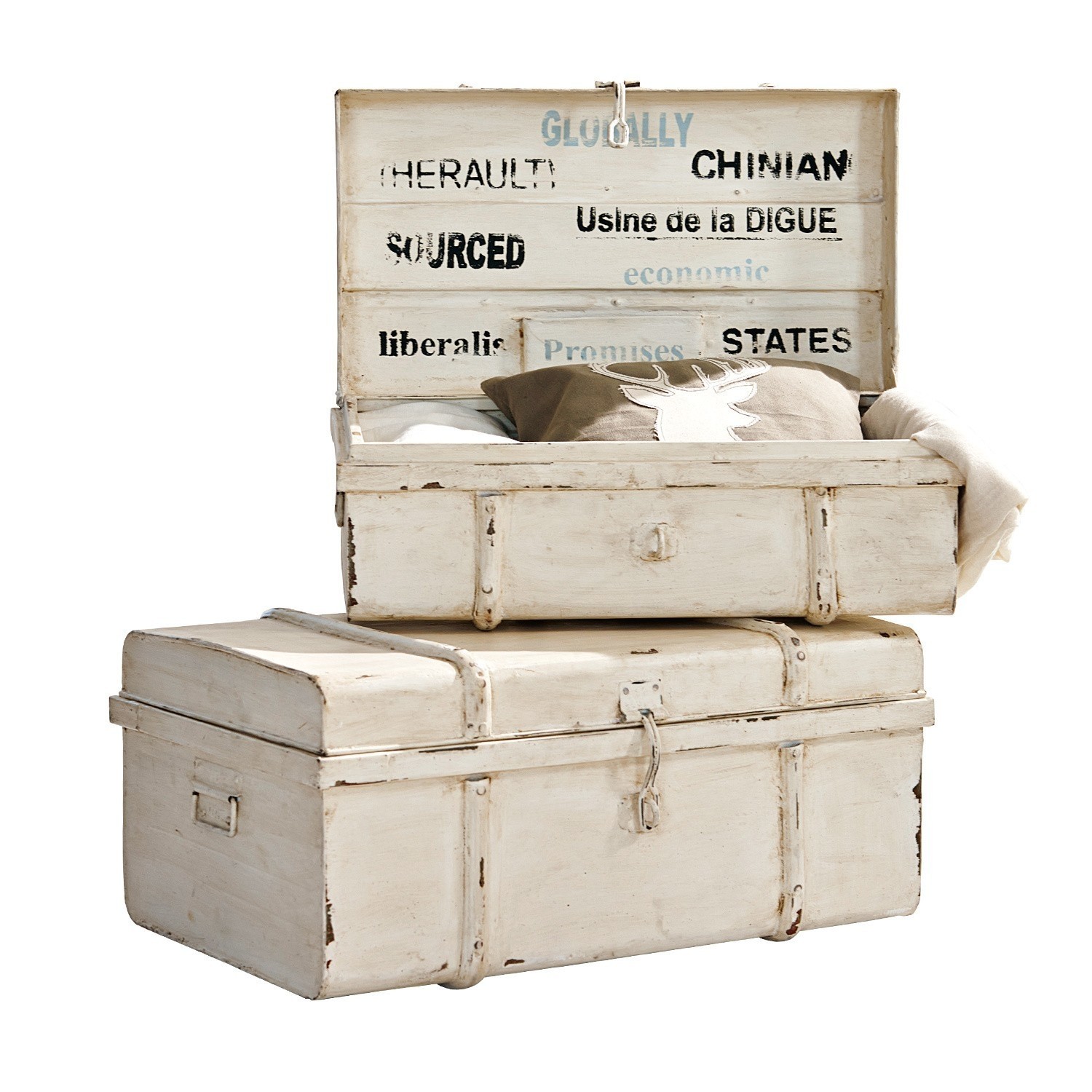 Kist set van 2 Riga Witte houten kist met verouderde look en tekst, decoratieve vintage opbergkist