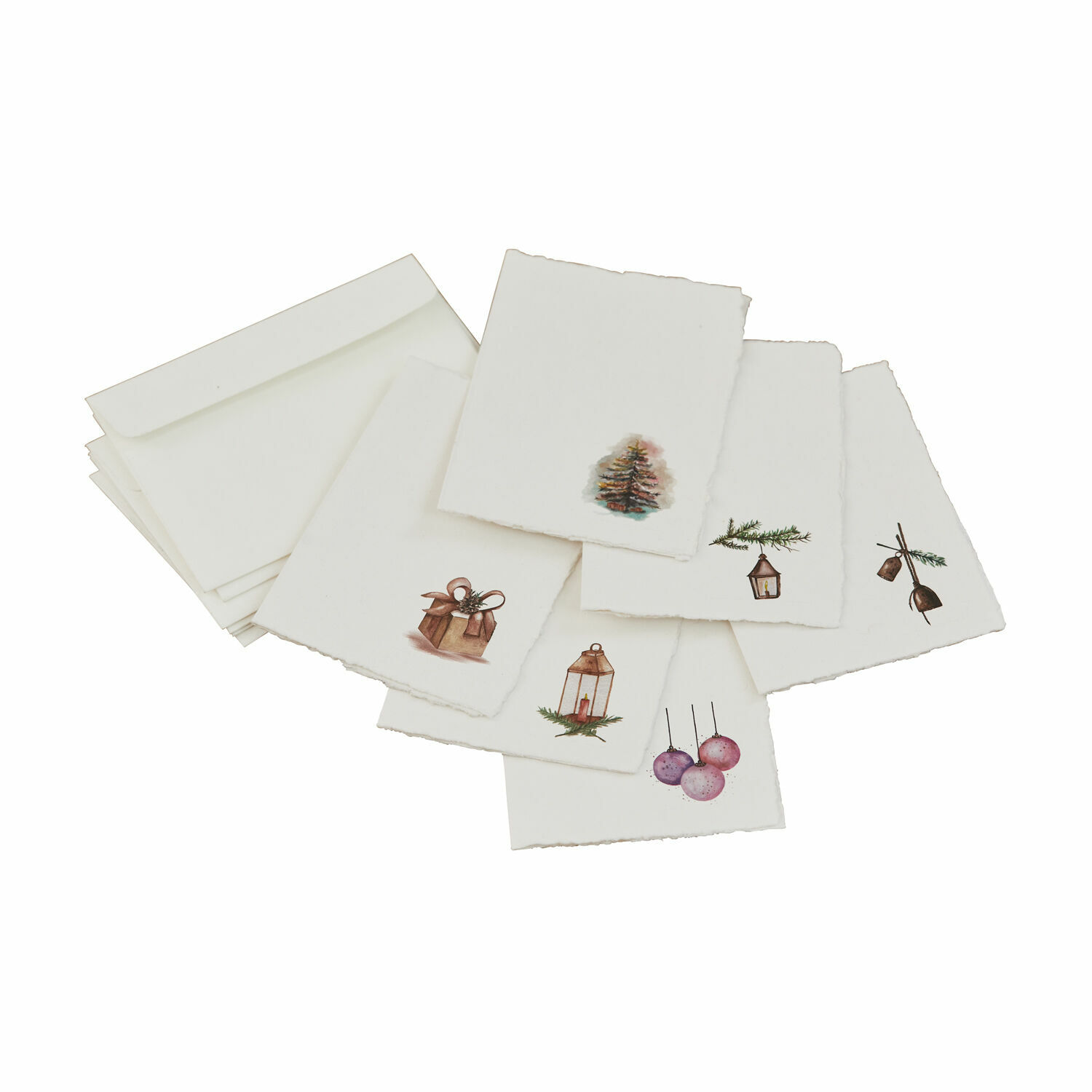 Wenskaart set van 6 Aeloria Set witte kaarten met enveloppen en kerstmotieven op papier met rafelige randen