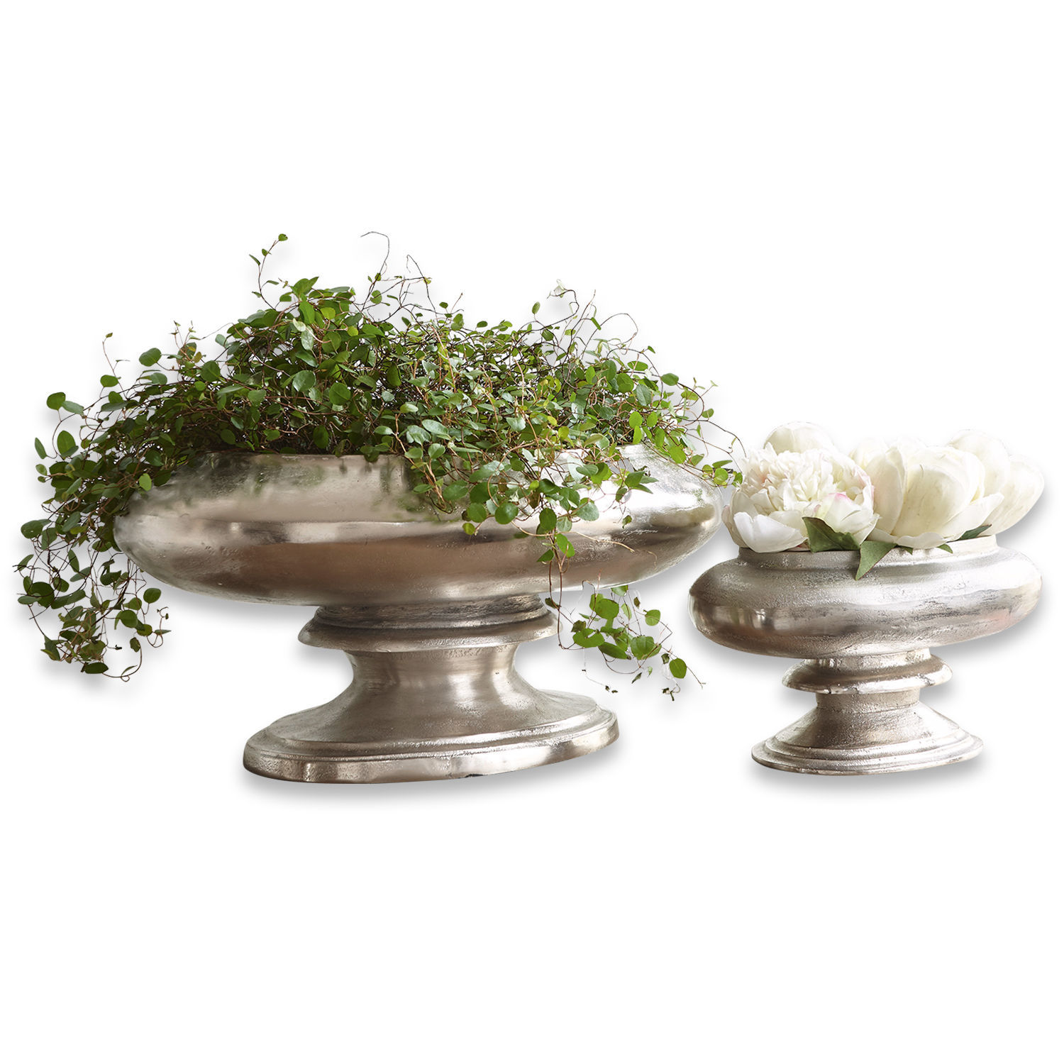 Vaas set van 2 Loyère Twee zilverkleurige metalen vazen op voet met groene en witte bloemen voor interieurdecoratie