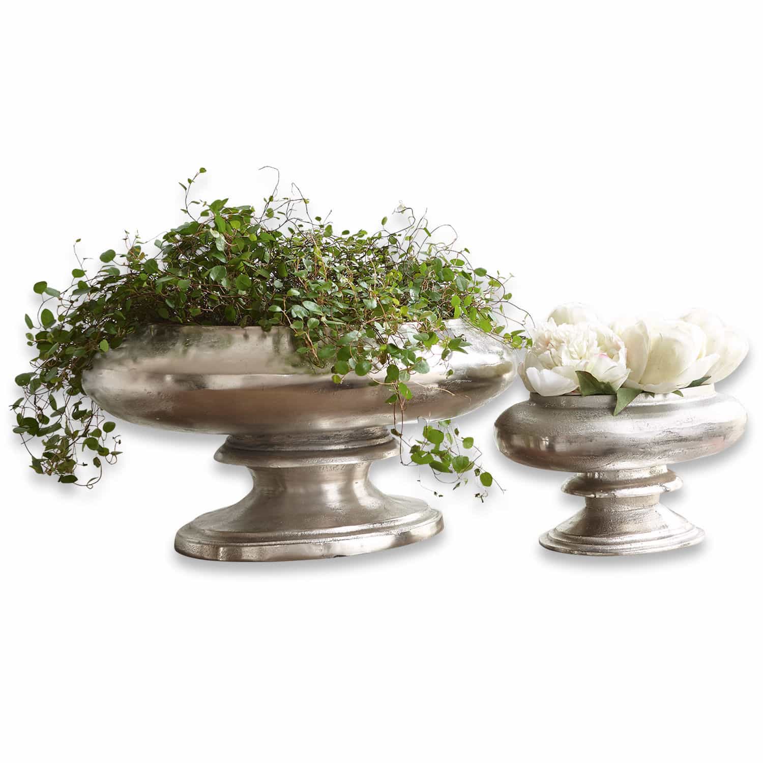 Vaas set van 2 Loyère Twee zilverkleurige metalen vazen op voet met groene en witte bloemen voor interieurdecoratie