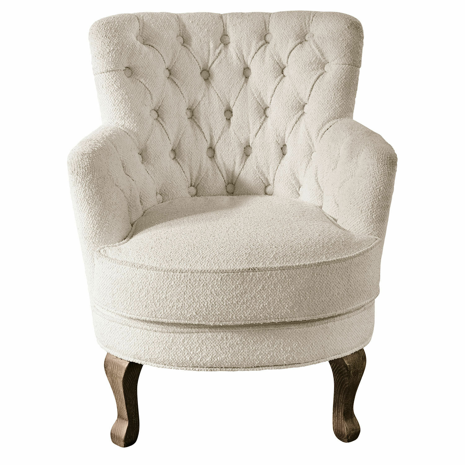 crème Crèmekleurige Calgary fauteuil van bouclé stof met houten poten, comfortabele woonkamerstoel
