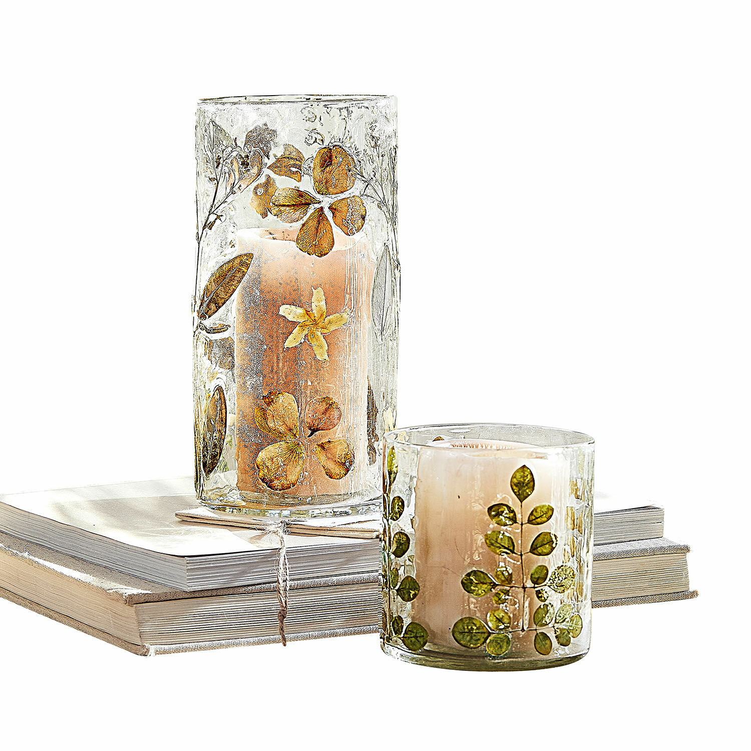 Windlicht set van 2 Quoturi Glazen windlichten met gedroogde bloemen en bladeren, natuurlijke decoratie op boeken