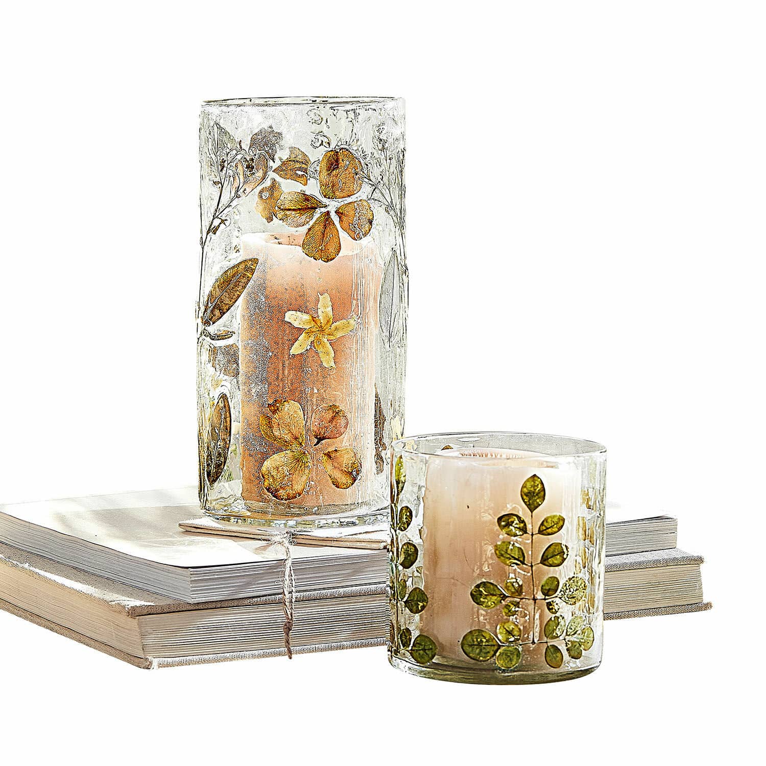 Windlicht set van 2 Quoturi Glazen windlichten met gedroogde bloemen en bladeren, natuurlijke decoratie op boeken