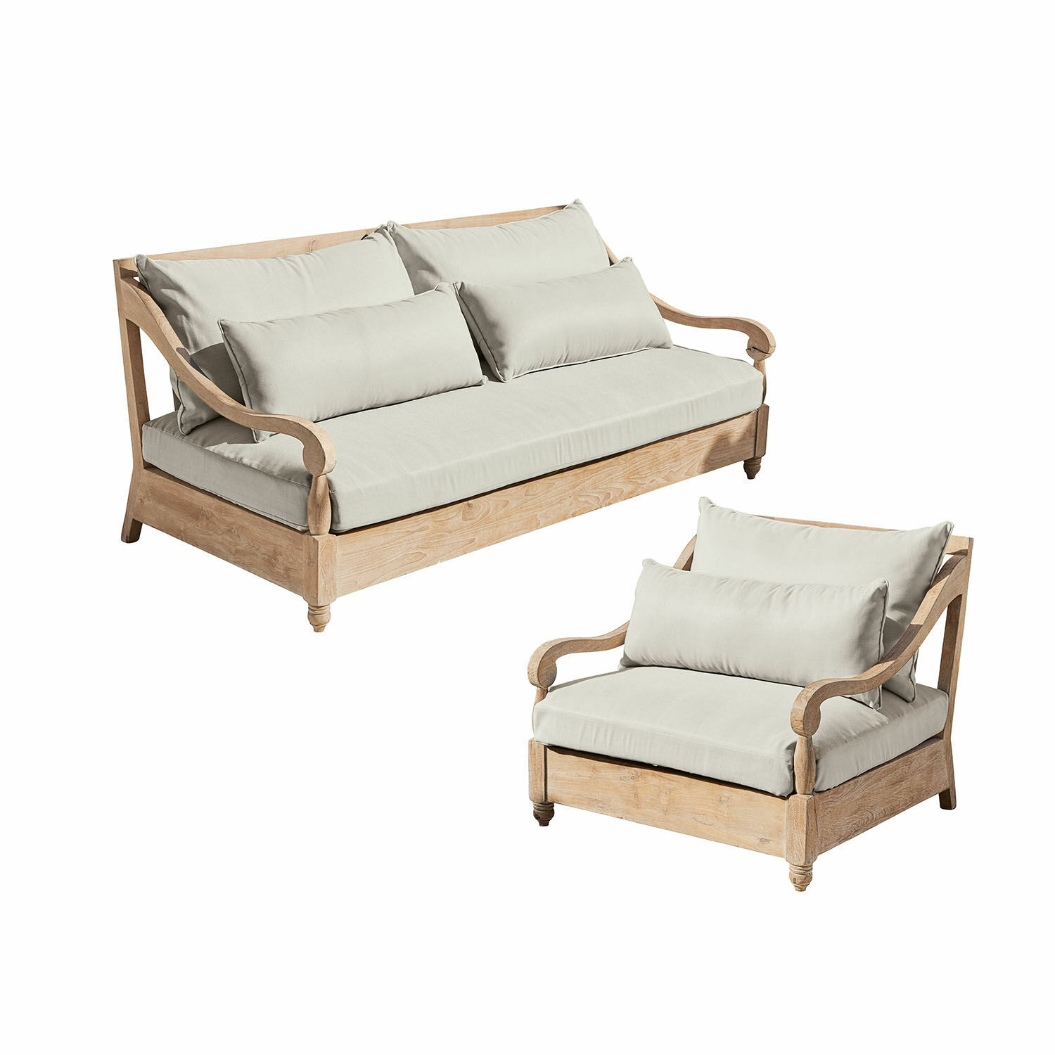 Tuinset Montcassin Zitmeubelset van licht hout met crèmekleurige kussens, comfortabele banken voor woonkamer