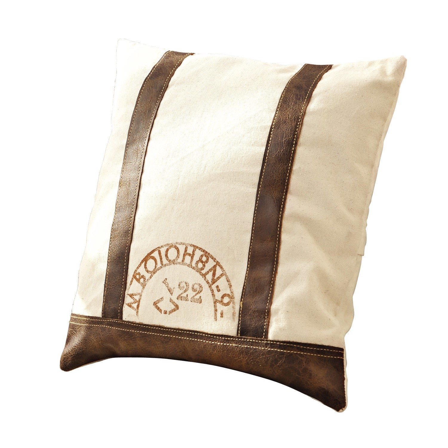 Kussen Kacper Beige sierkussen met bruine leren strepen en vintage print voor woondecoratie
