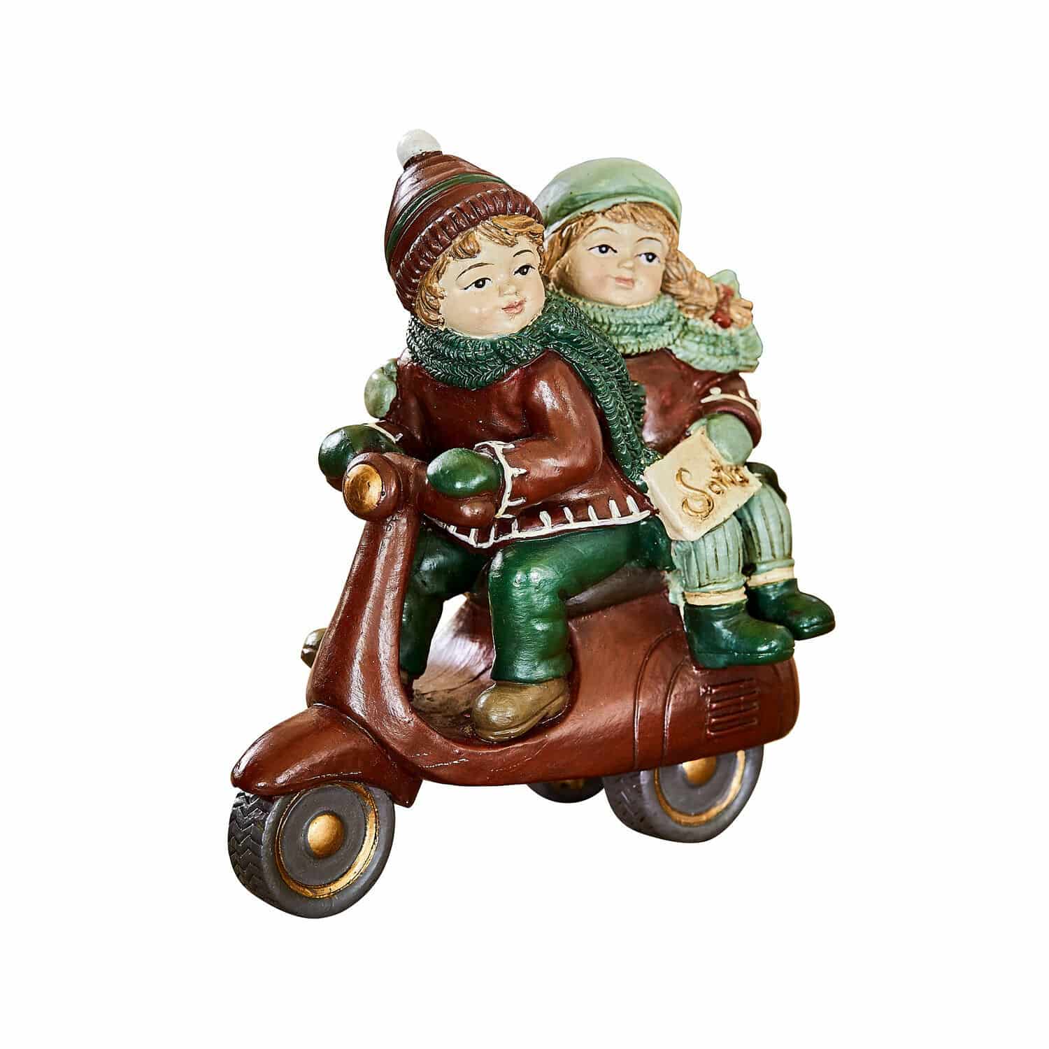 Beeldje Dariell Keramische figuur van kinderen op een bruine scooter met groene kleding, kerstdecoratie