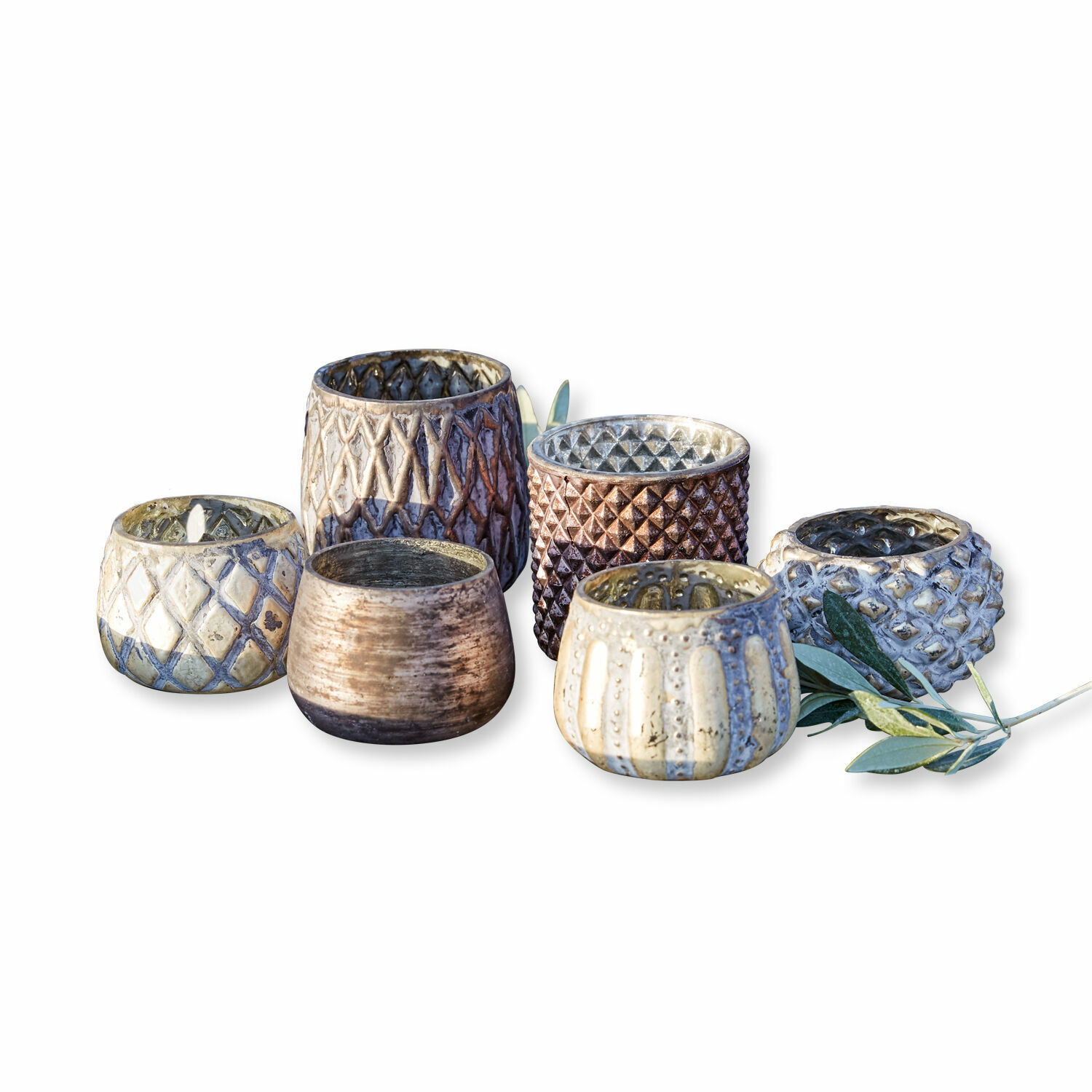 Windlicht set van 6 Fajolle Set van zes keramische theelichthouders in bruin- en beige tinten met decoratief patroon